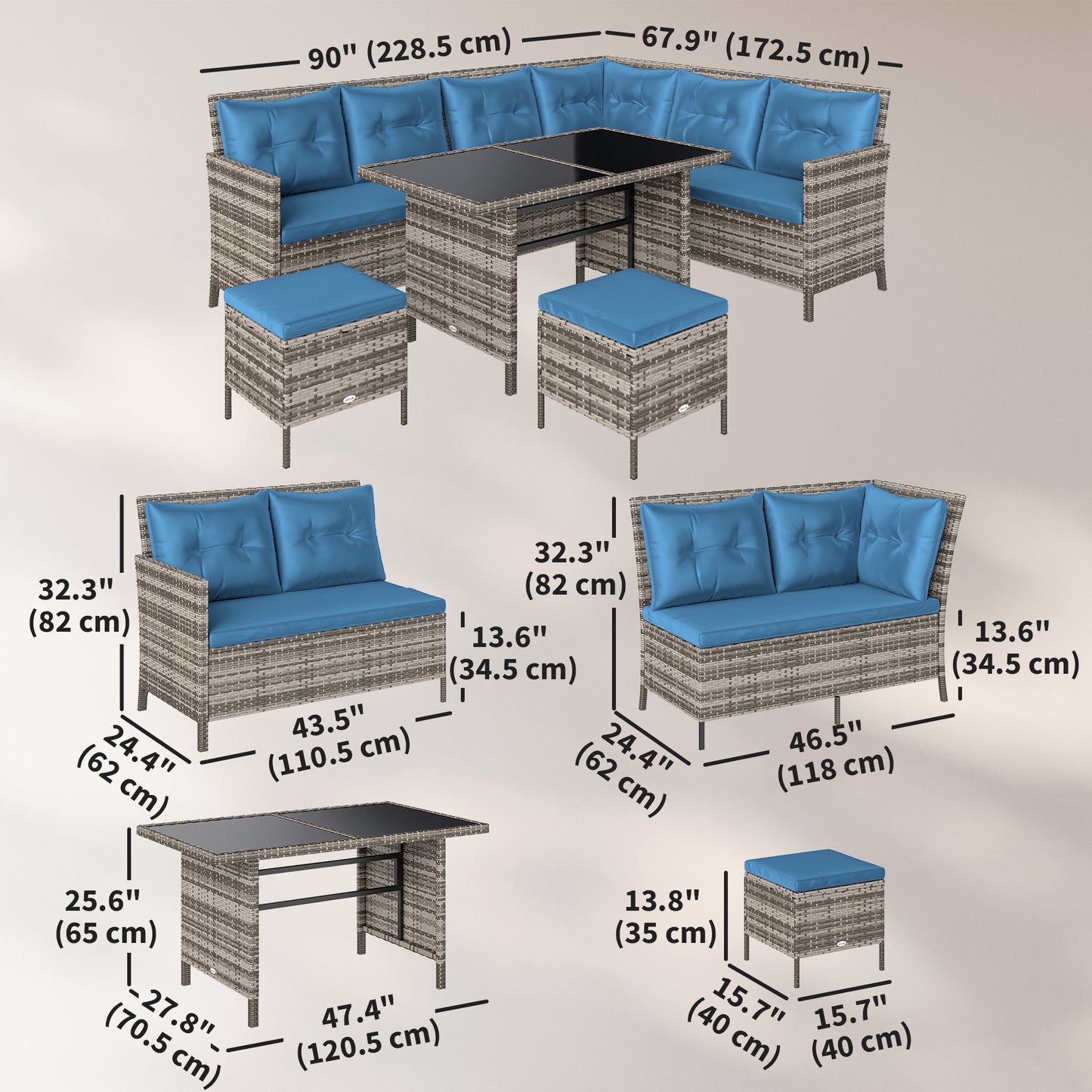 Outsunny 6pcs Outdoor Rattan Sofa Set Garden Wicker Sectional Couch Furniture Set with Dining Table and Chair White