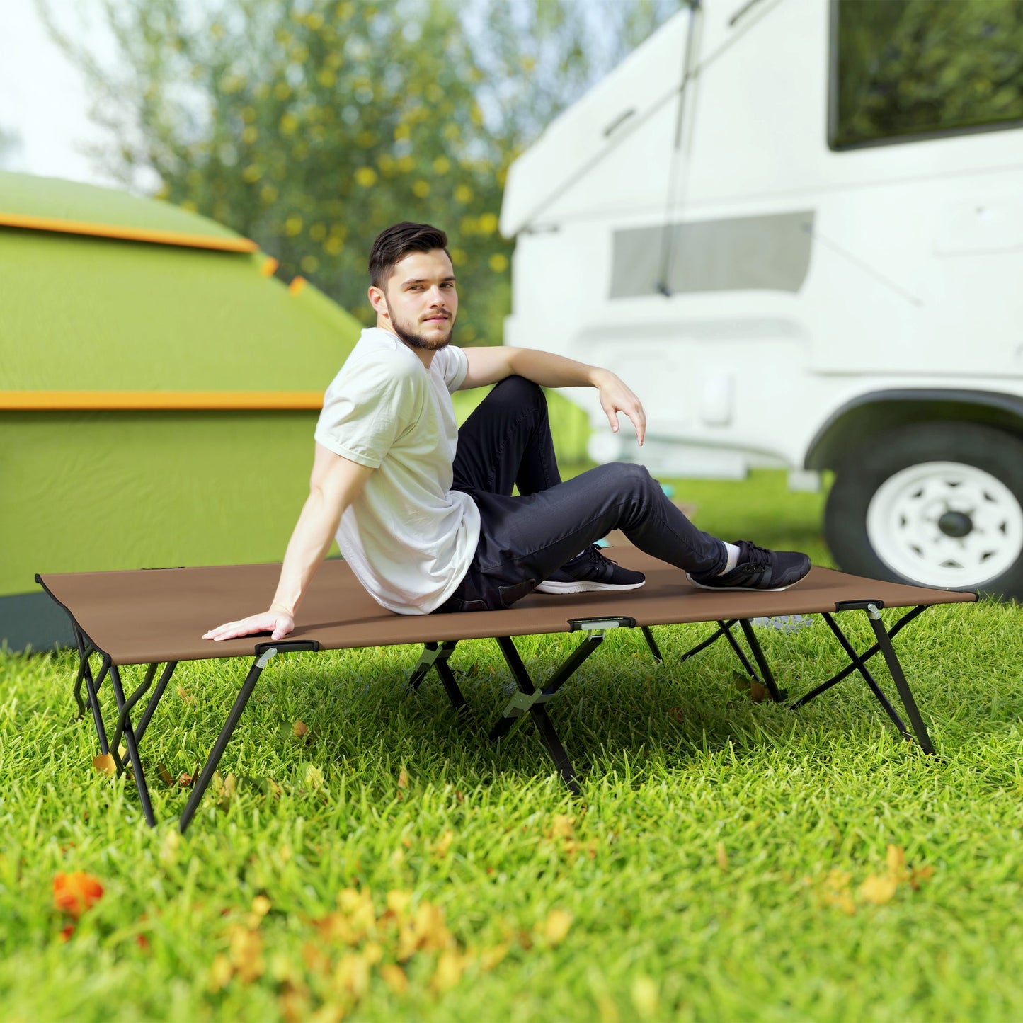 Outsunny 76" Two Person Folding Camping Cot Outdoor Portable Double Cot Wide Military Sleeping Bed w/ Carrying Bag Blue