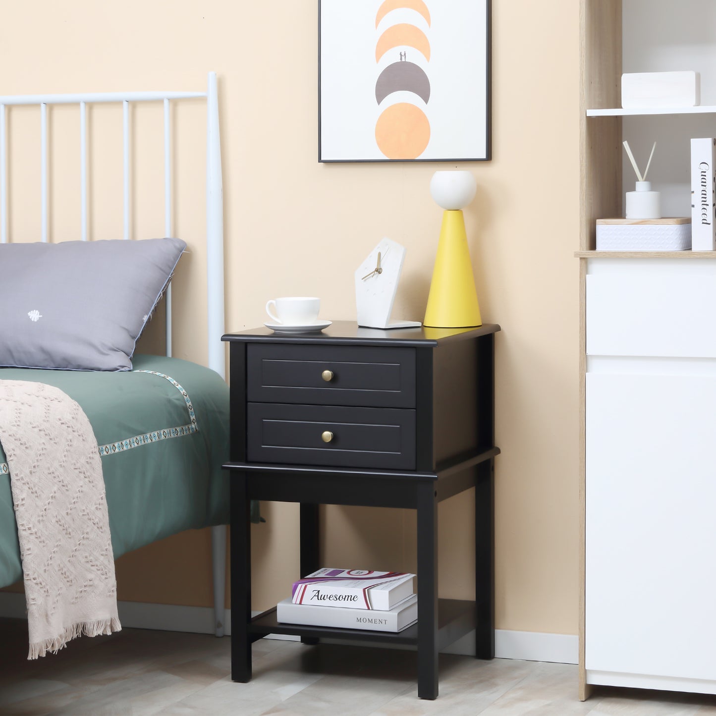 HOMCOM Modern Sofa Side Table, Accent End Table with Drawers and Storage Shelf, Nightstand for Bedroom Living Room, Black