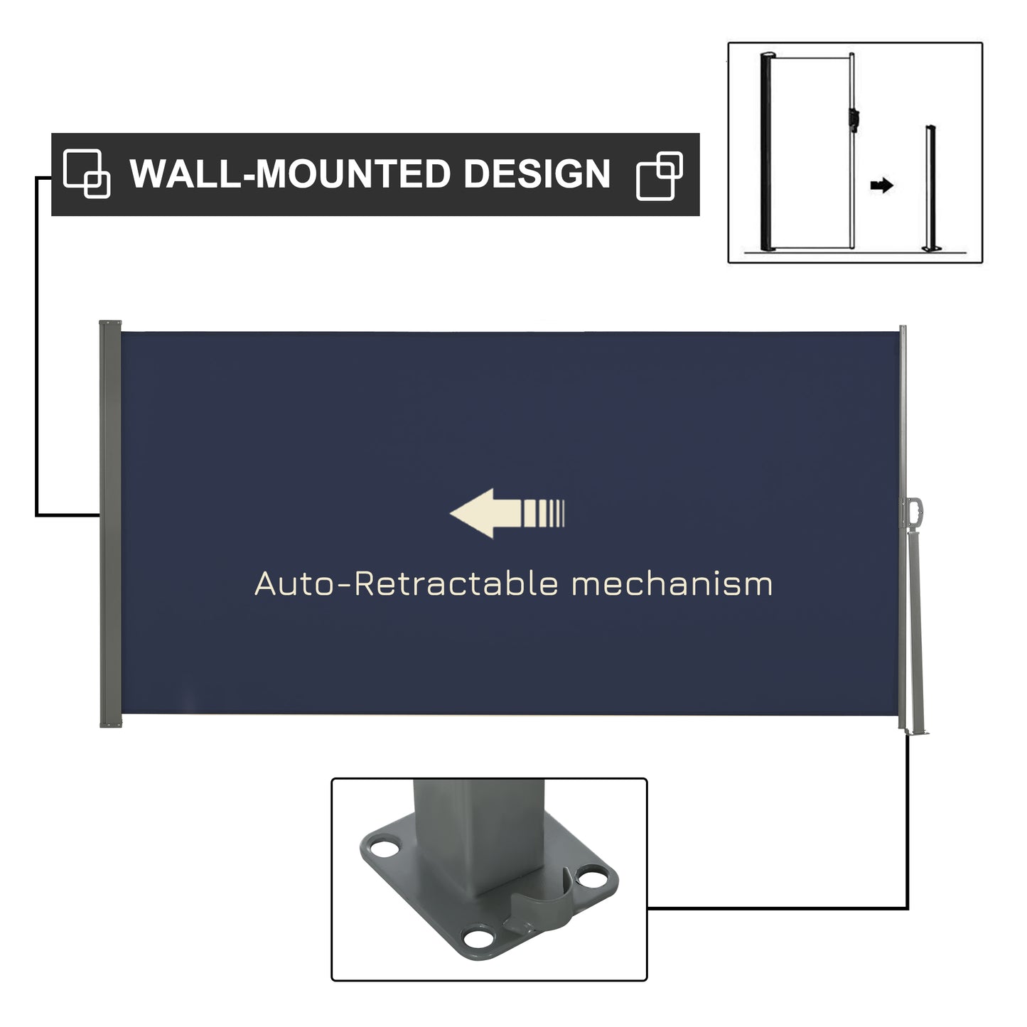 Outsunny 118" x 63" Retractable Side Awning Patio Outdoor Folding Privacy Screen with Resistance to UV Rays & Wind, Grey