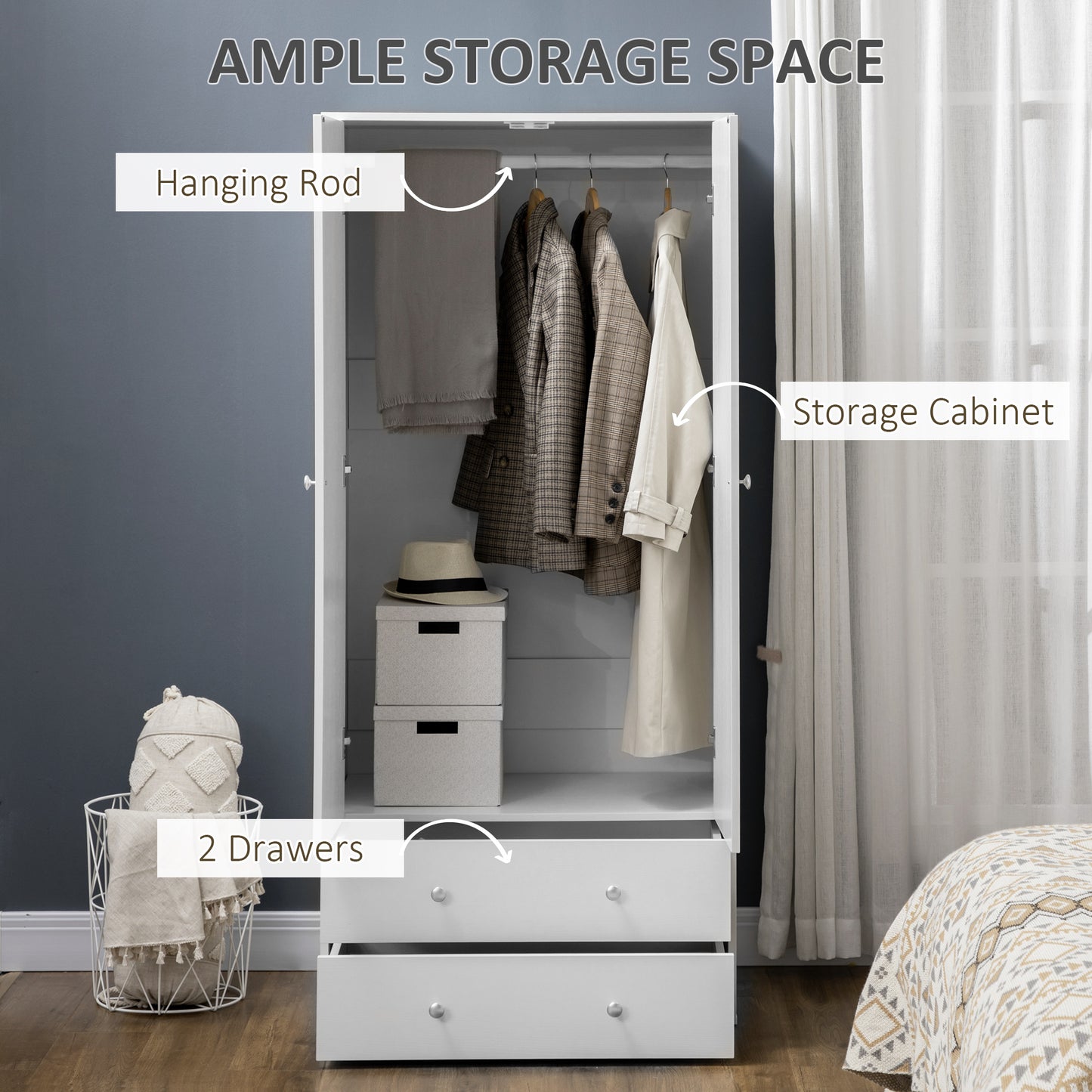HOMCOM Modern Wardrobe Closet Armoire with 2 Drawers and Hanging Rod, Clothes Storage Organizer with Anti-tipping Design for Bedroom, White