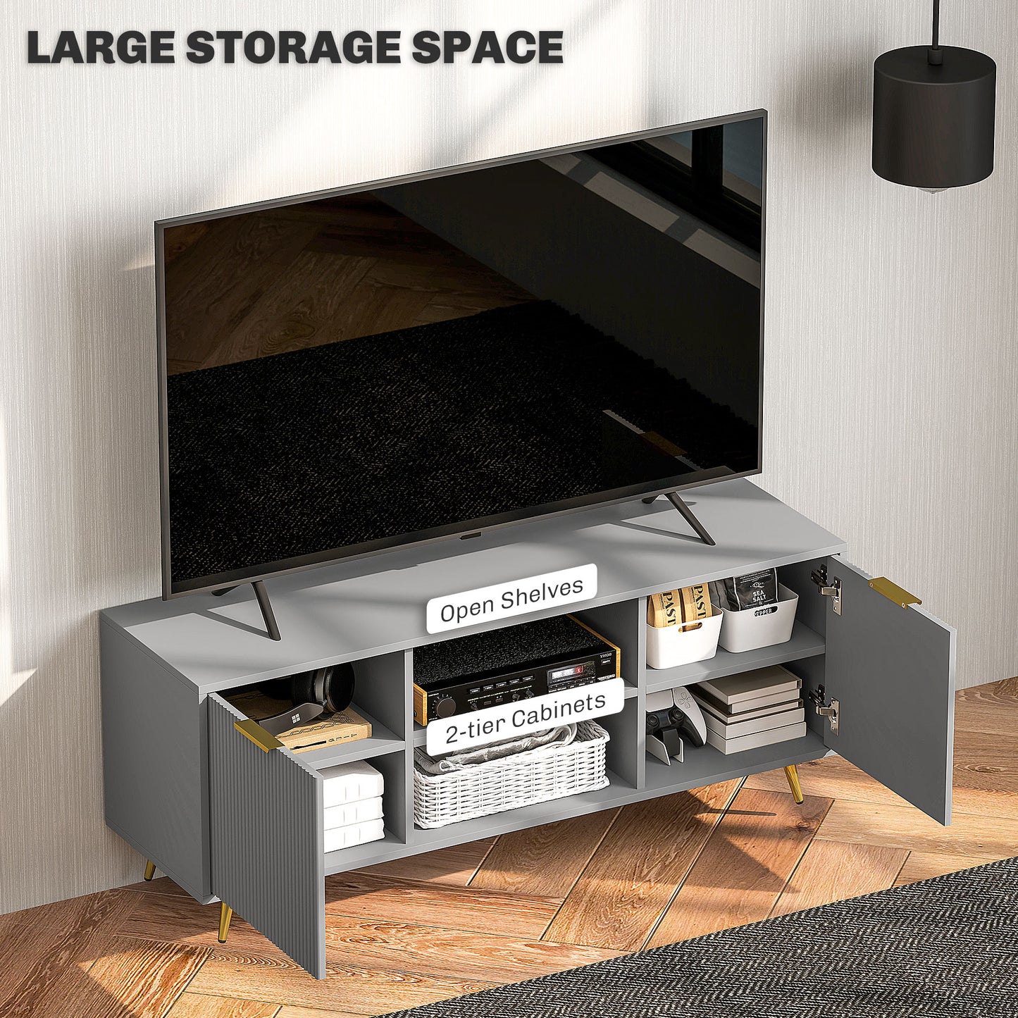 HOMCOM TV Stand with Storage for 55 Inch TV, Modern TV Cabinet with 2 Open Shelves and 2 Cabinets for Living Room, White