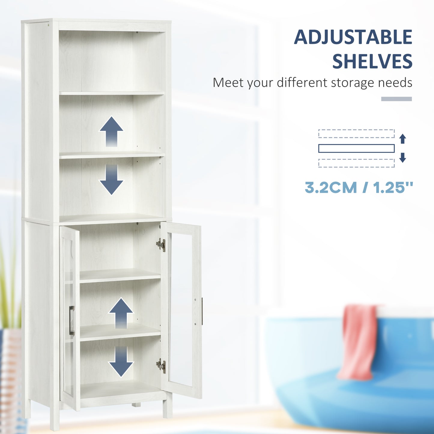 kleankin Tall Bathroom Storage Cabinet with 3 Tier Shelf, Bookcase with Glass Doors, Freestanding Linen Tower with Adjustable Shelves, Antique White