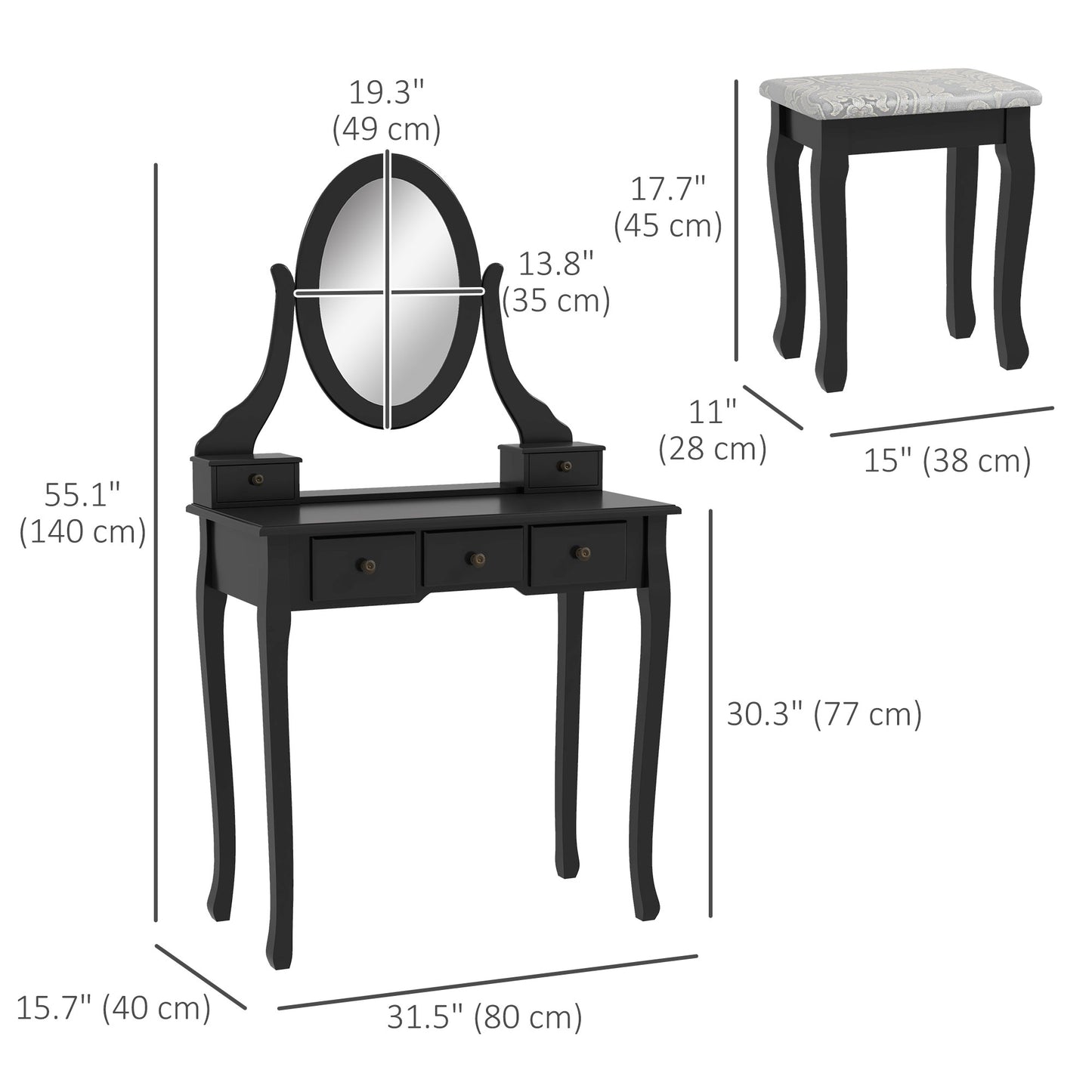 HOMCOM Vanity Desk with Stool, Makeup Vanity with 360° Rotating Oval Mirror, 5 Drawers and Padded Seat, Dressing Table for Bedroom, Black