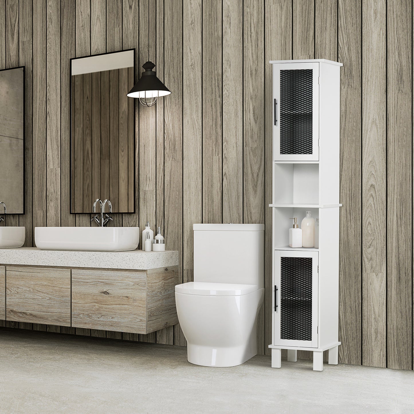 HOMCOM 69.5"H Tall Bathroom Cabinet, Free Standing Tower Cabinet with 2 Doors, Shelves Space Saving Vertical Slim Home Storage Furniture, White