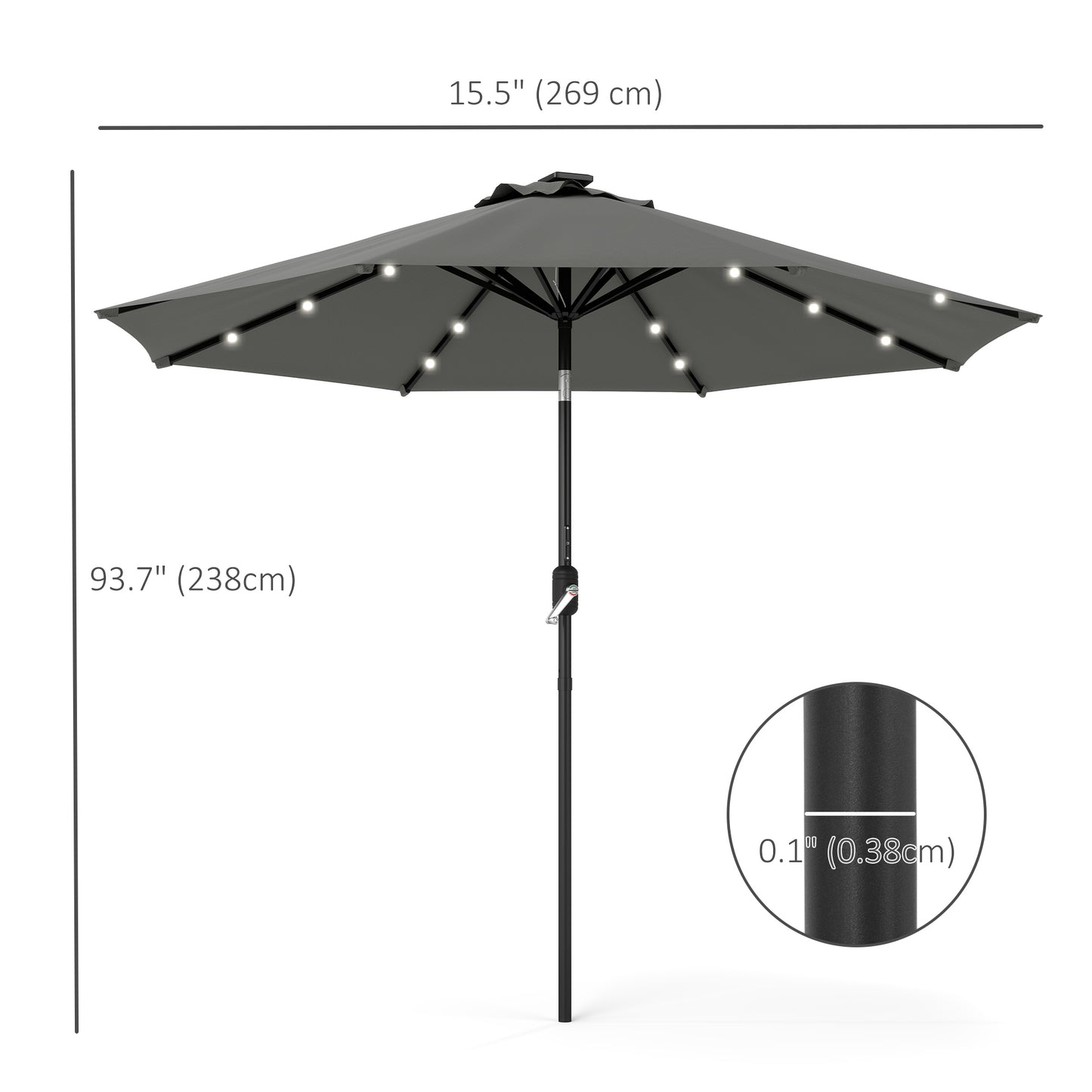 Outsunny 8.8 ft Solar Powered Outdoor Patio Umbrella Round Market Table Umbrella with Adjustable LED Lights Tilt Crank Dark Grey