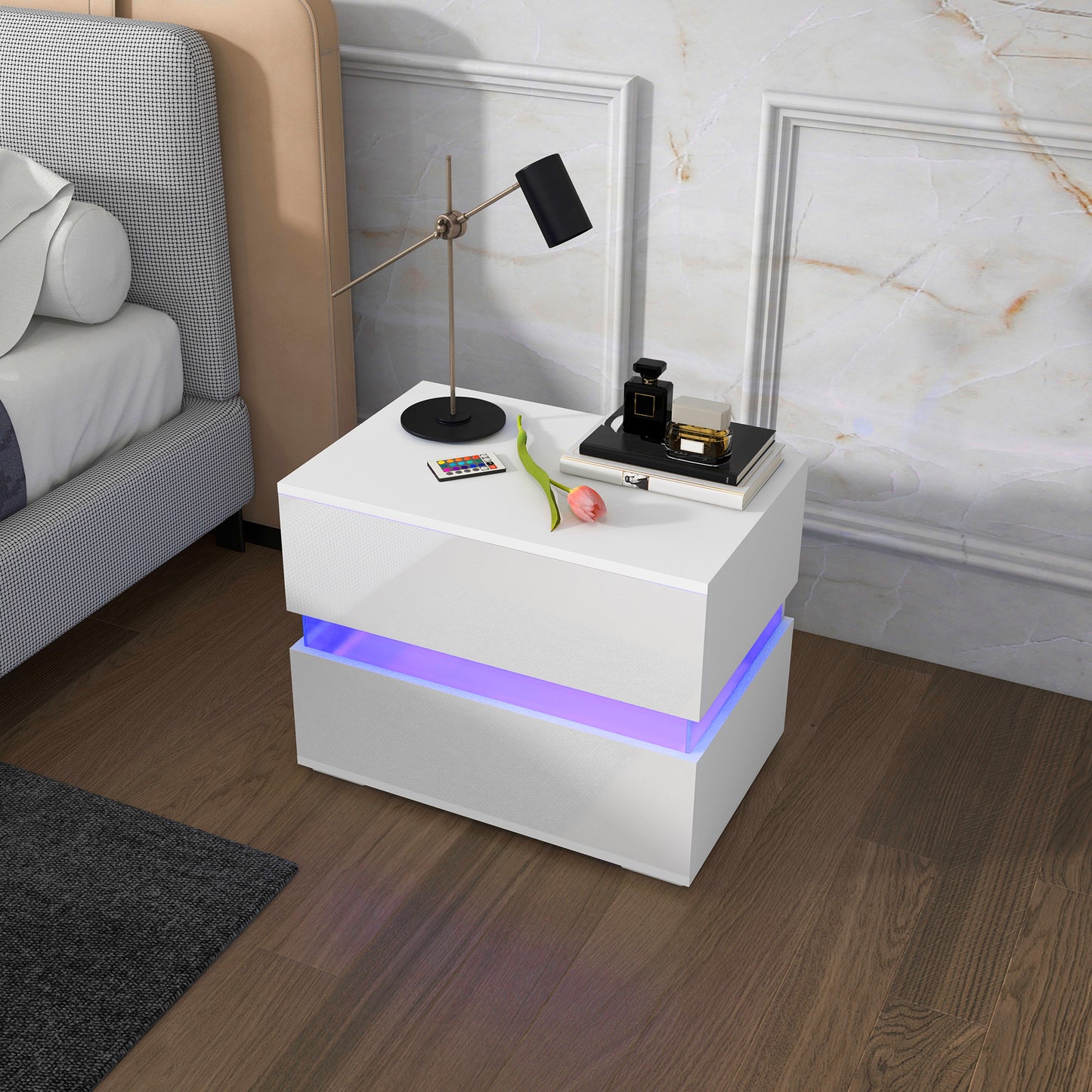 HOMCOM Modern Nightstand, Bedside Table with 2 Drawers, USB Powered RGB LED Lights, Remote for Bedroom, White