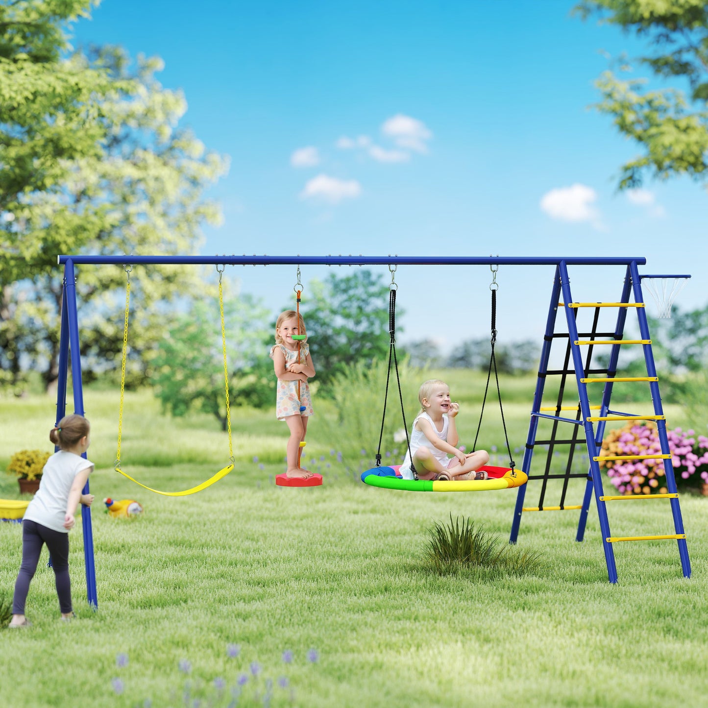 Qaba 6 in 1 Kids Swing Set with 1 Saucer Swing, 1 Belt Swing, 1 Disc Rope Swing, Climbing Ladder and Net, Basketball Hoop