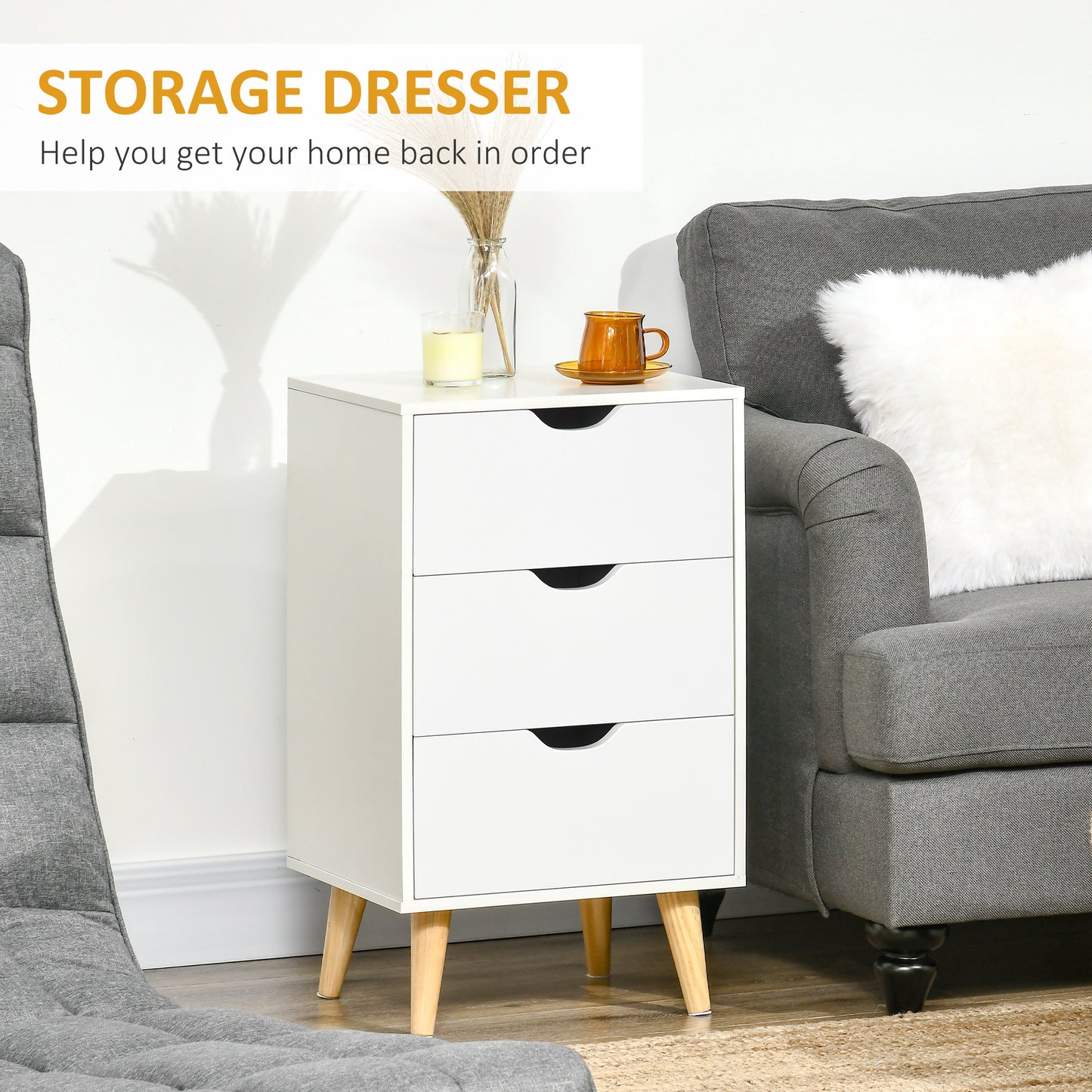 HOMCOM Bedside Table, Modern Nightstand with 3 Drawers, Side End Table with Wood Legs for Living Room, Bedroom, White