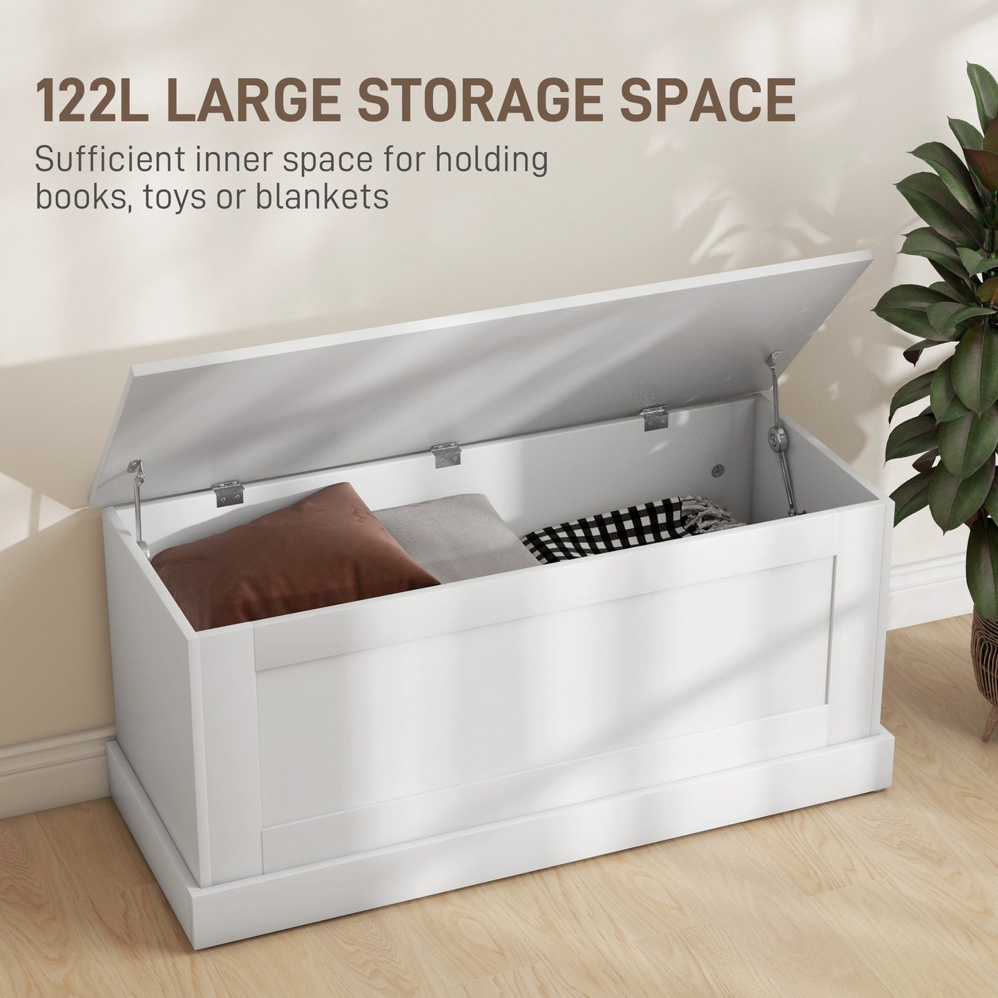 HOMCOM 31.5 Inches Storage Chest, Storage Trunk with Safety Hinge, Wooden Box for Living Room, White Wood Grain