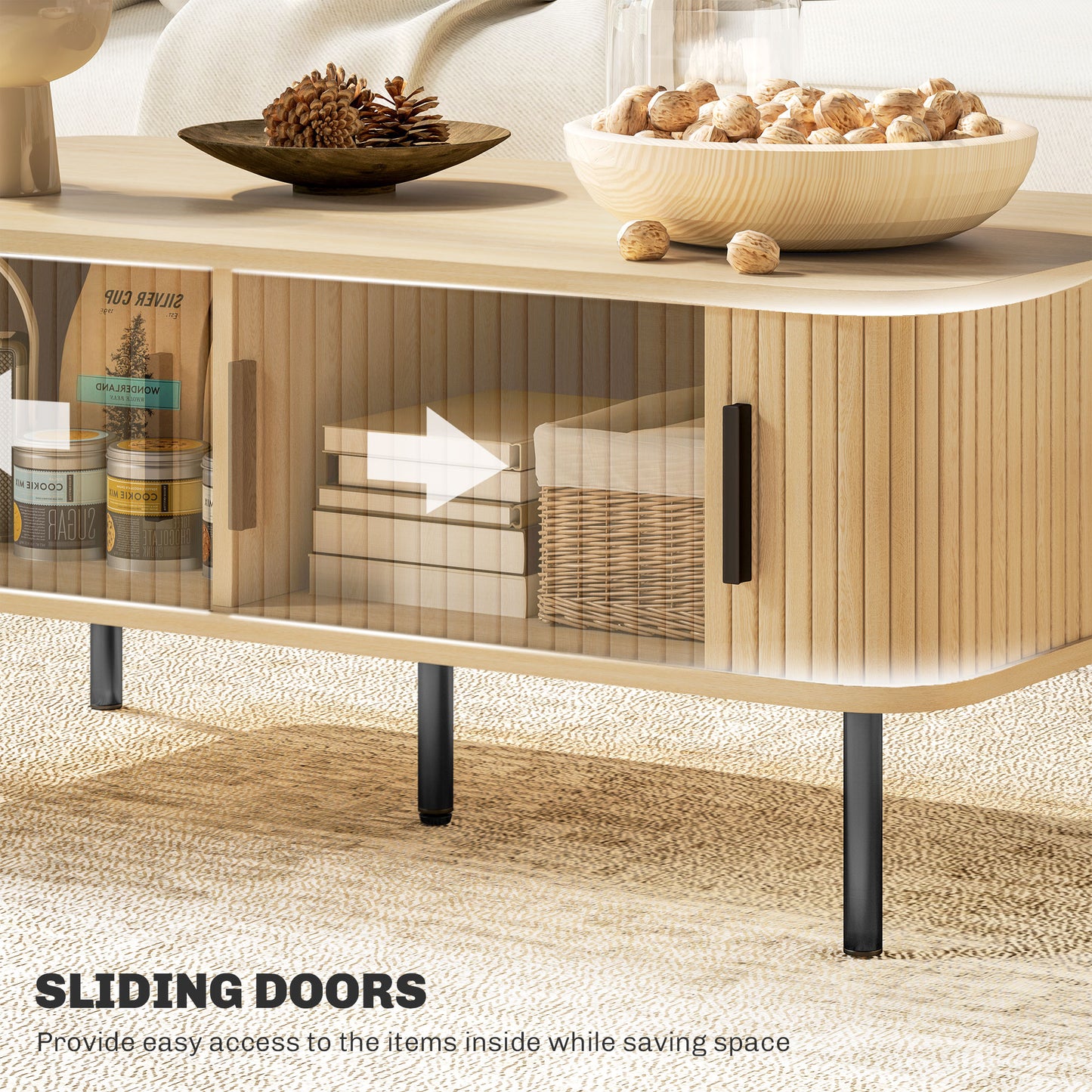 HOMCOM Coffee Table with Storage, Nordic Side Table with Slatted Tambour Sliding Doors and Steel Legs for Living Room, Oak