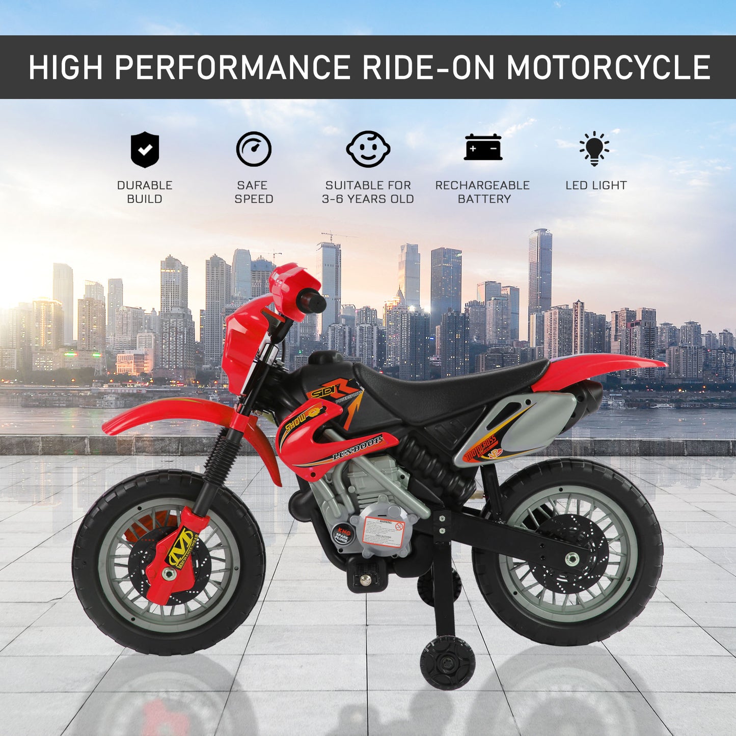 Aosom 6V Kid Electric Ride On Motorcycle Powered Dirt Bike Battery Scooter For 3-6 Year Old Kids Toddlers W/ Training Wheels Red