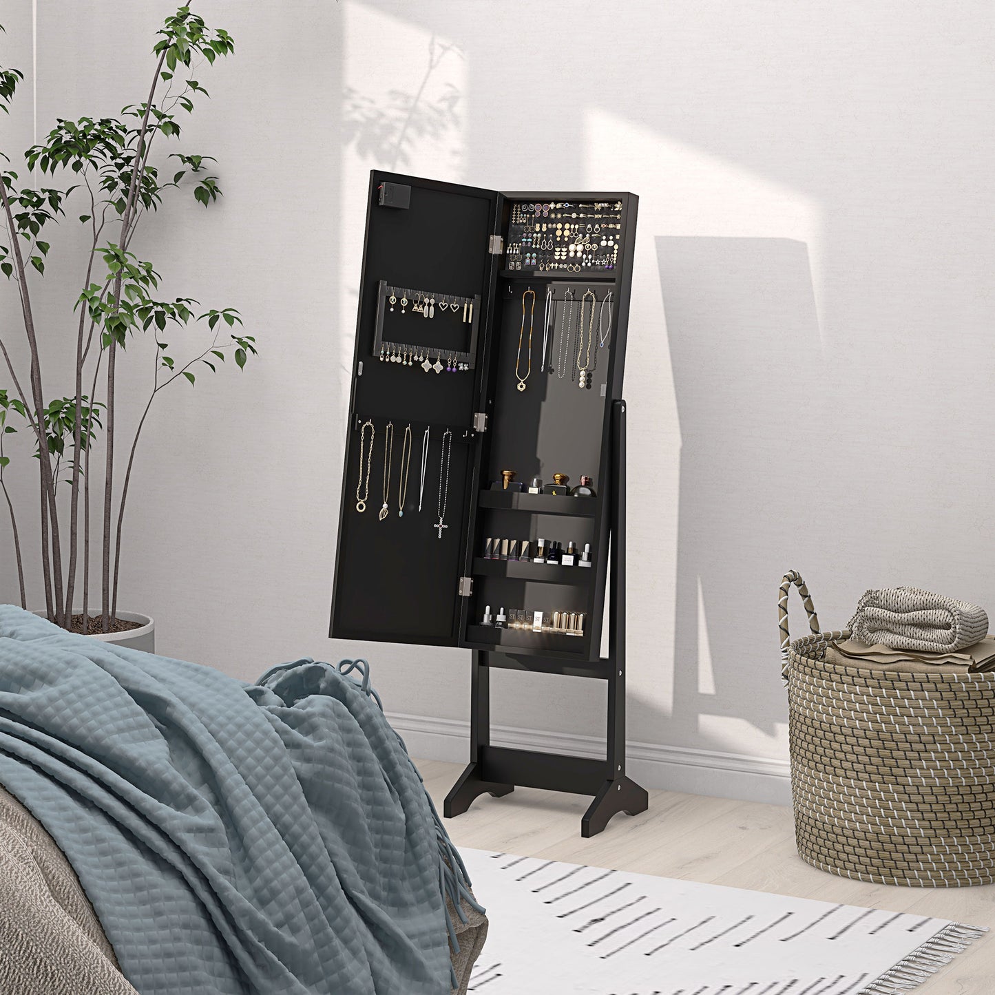 HOMCOM Free Standing Armoire Organizer, Lighted Mirrored Jewelry Cabinet w/ Angle Adjustable & 16 LED Lights Warm White