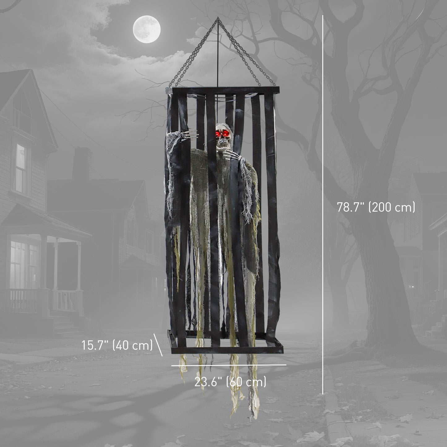 Outsunny Animatronics Hanging Skeleton Reaper in Cage, Voice-Activated Prop with Flashing Eyes, Easy Setup Indoor
