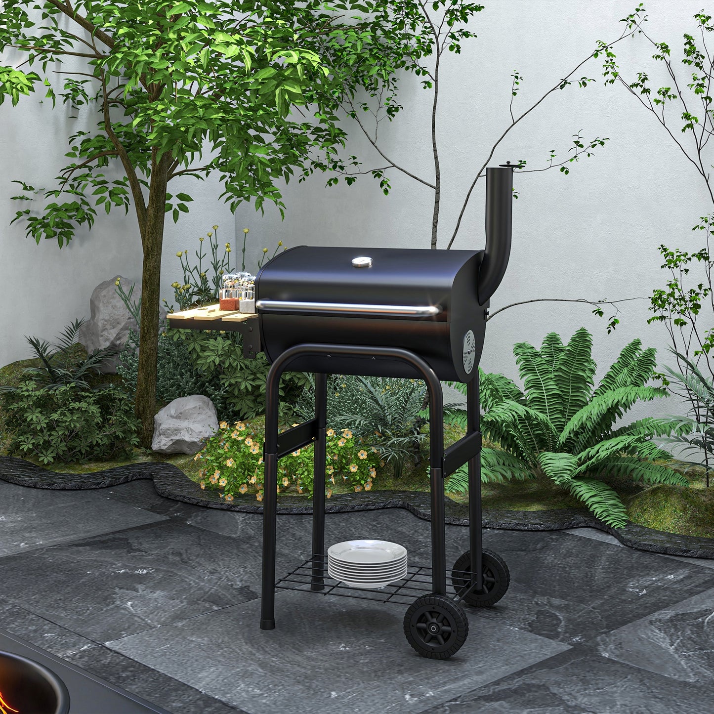 Outsunny Charcoal Barbecue Grill, BBQ with Thermometer, Shelves and Wheels, Black