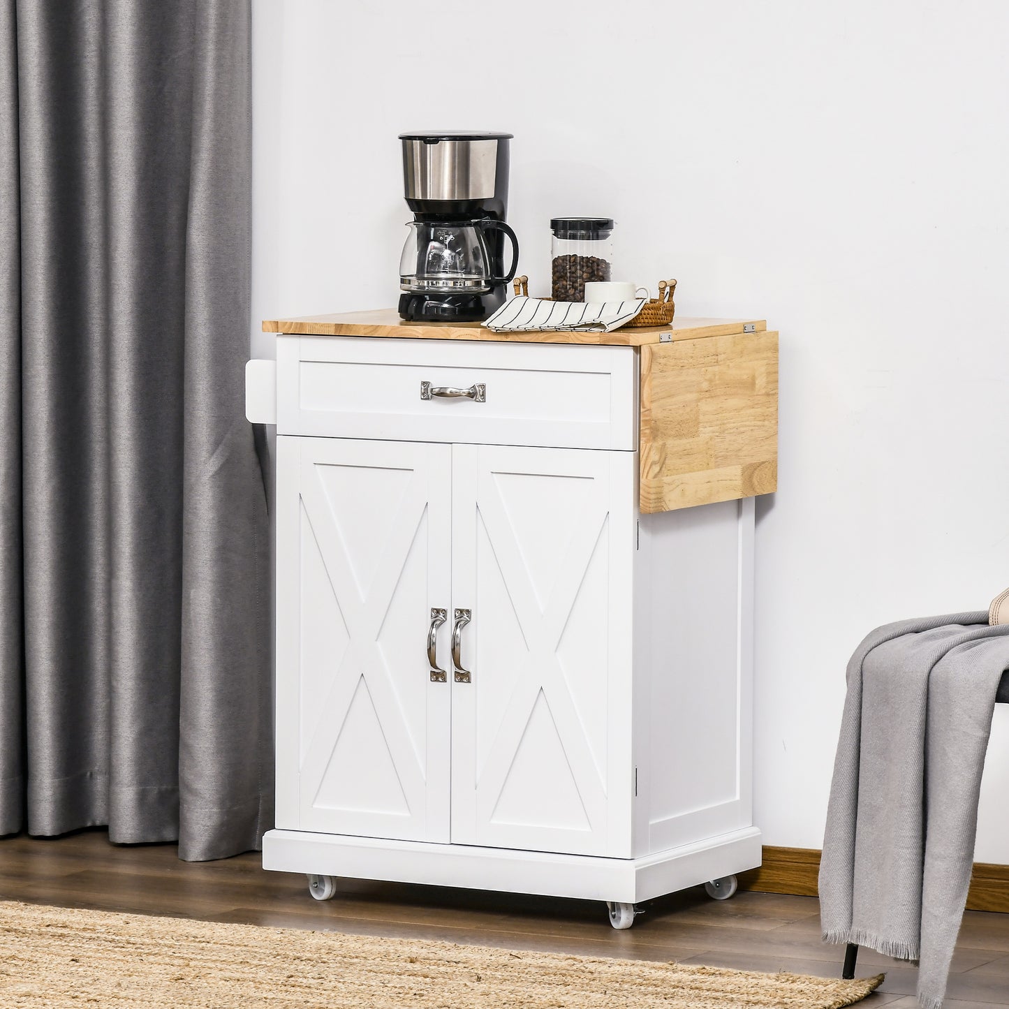 HOMCOM Foldable Kitchen Island with Storage Drawer, Farmhouse Style Rolling Utility Cart, Coffee Bar Cabinet on Wheels with Drop-Leaf Wood Top, White