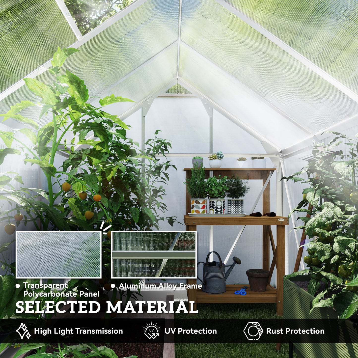 Outsunny 6' x 10' x 6.6' Polycarbonate Greenhouse, Walk-In Green House Kit Garden, Plants Grow, Galvanized Sheet Aluminum Frame with Rain Gutter, Vents and Sliding Door, Green