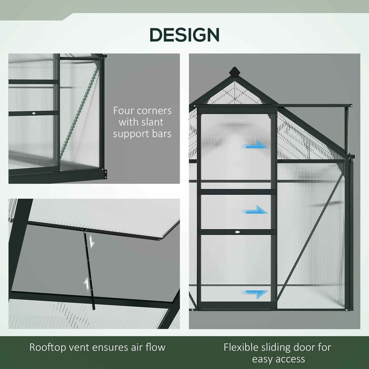 Outsunny 6' x 10' x 6.6' Polycarbonate Greenhouse, Walk-In Green House Kit Garden, Plants Grow, Galvanized Sheet Aluminum Frame with Rain Gutter, Vents and Sliding Door, Green