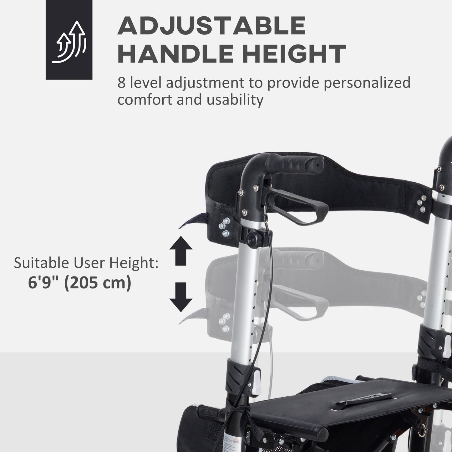 HOMCOM Lightweight Folding Rolling Walker with Large Seat, Back, Adjustable Handle, Bag, Dual Brake, Cane Holder, Red