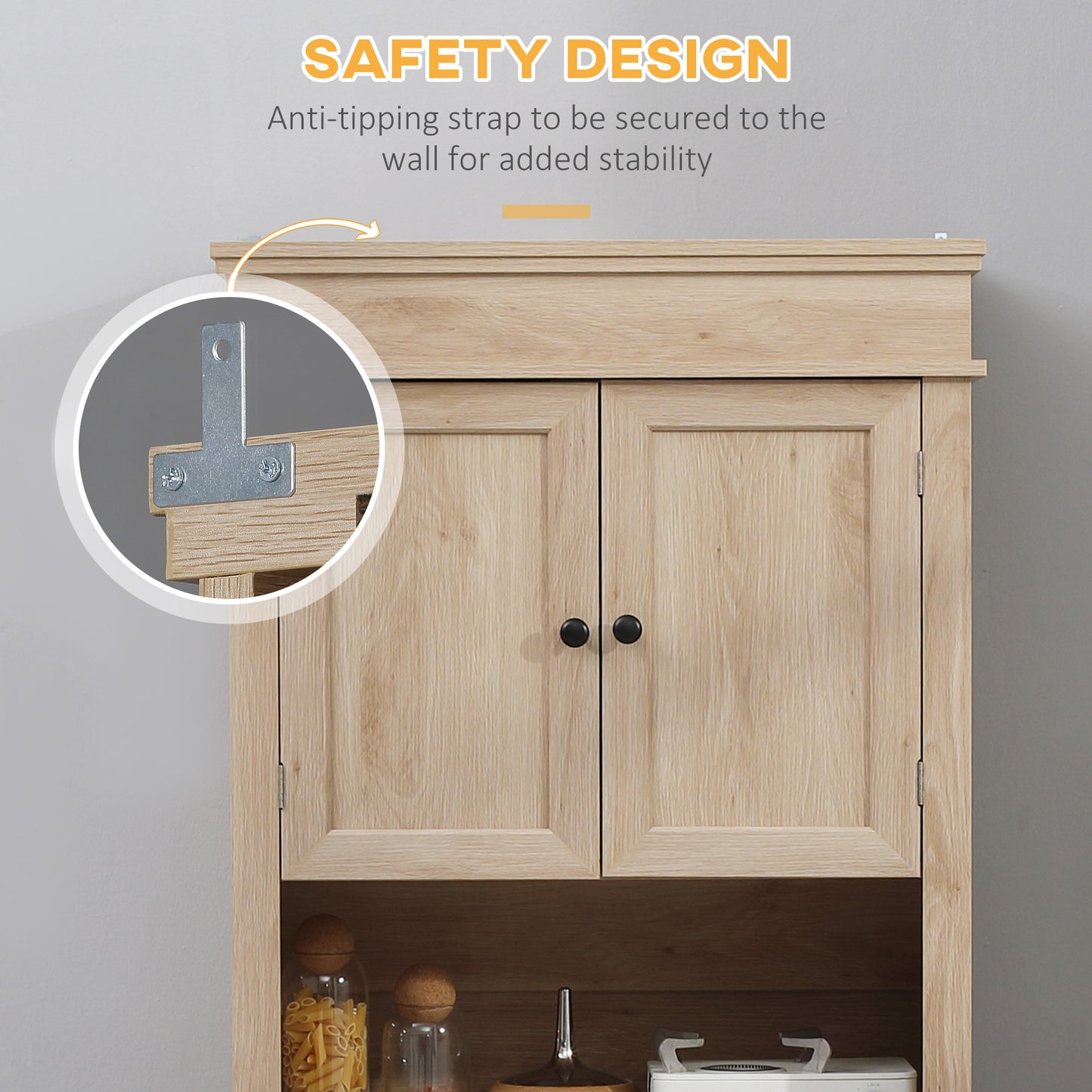 HOMCOM Modern Freestanding Kitchen Pantry Cabinet Cupboard with Doors Open Shelves Adjustable Shelving Microwave Space, White