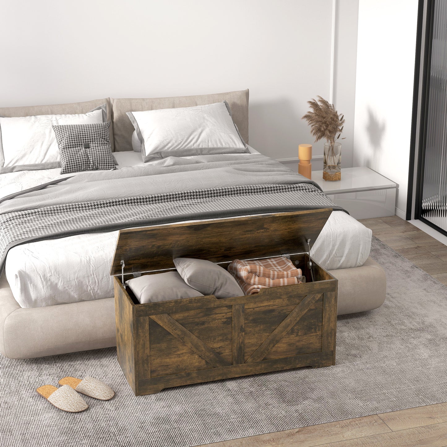 HOMCOM 39.4 Inches Storage Chest, Storage Trunk with 2 Safety Hinges, Wooden Box for Living Room, Black Wood Grain