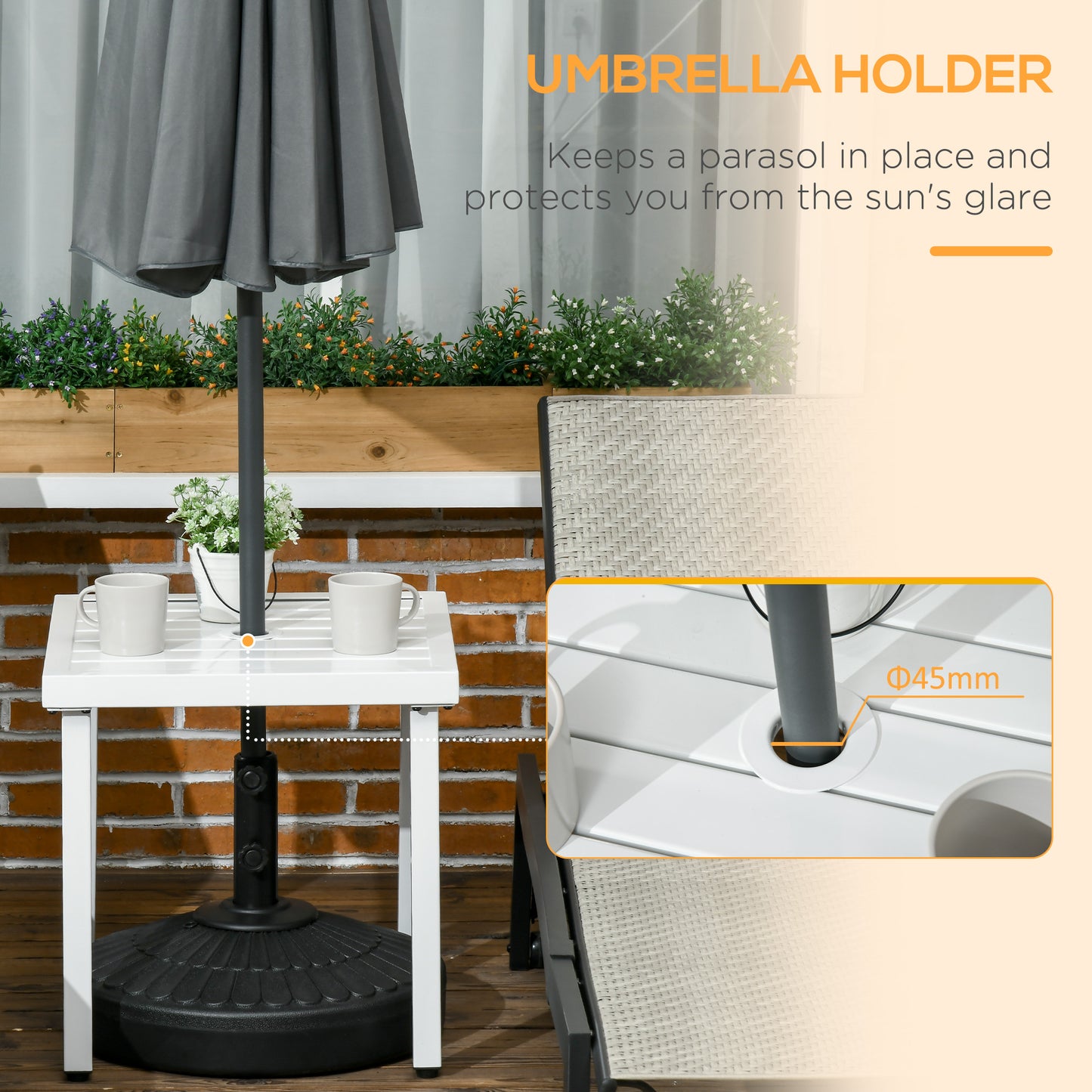 Outsunny Outdoor Side Table, Patio End Table with Umbrella Hole, Small Coffee Table with Steel Frame for Balcony, Black
