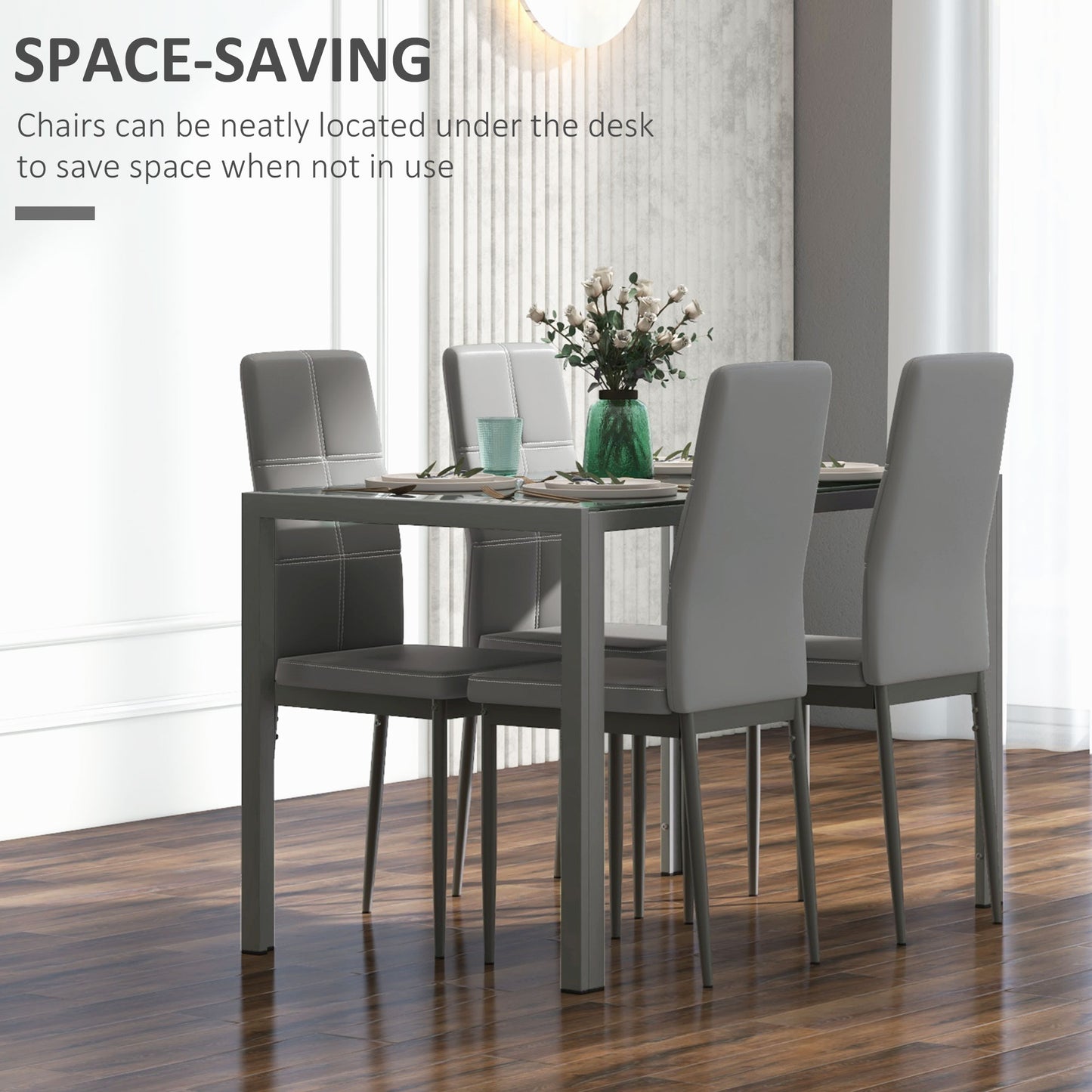 HOMCOM 5-Piece Rectangular Glass Kitchen Table and Chairs with Metal Frame and Faux Leather Upholstery for Dining Room, White