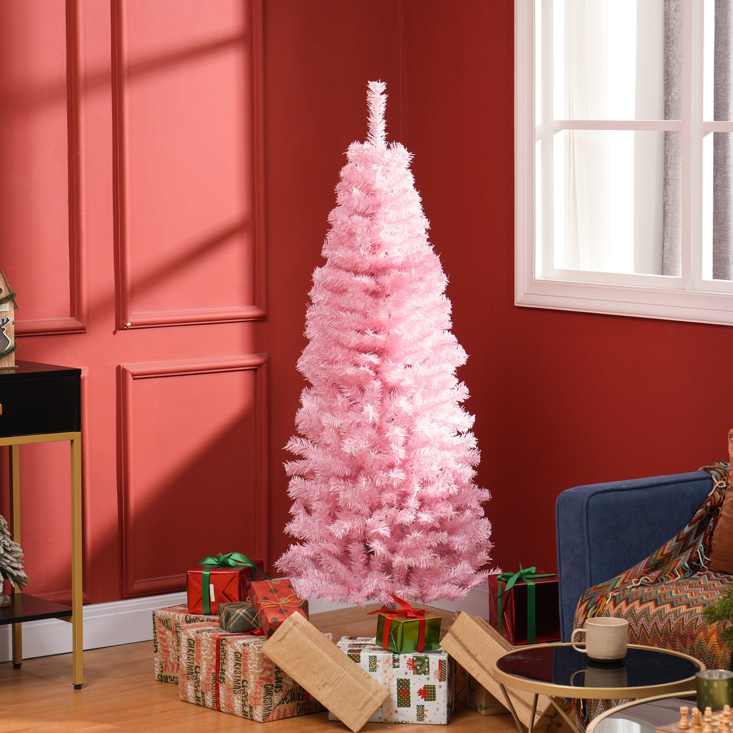 HOMCOM 4FT Artificial Christmas Tree Holiday Xmas Holiday Pencil Tree Decoration with Automatic Open for Home Party, Pink