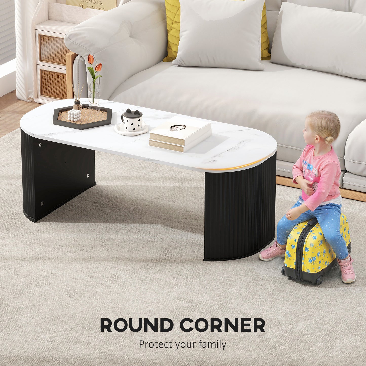 HOMCOM Coffee Table, Modern Marble-Effect Living Room Table with Round Corners and Thicken Legs, Black