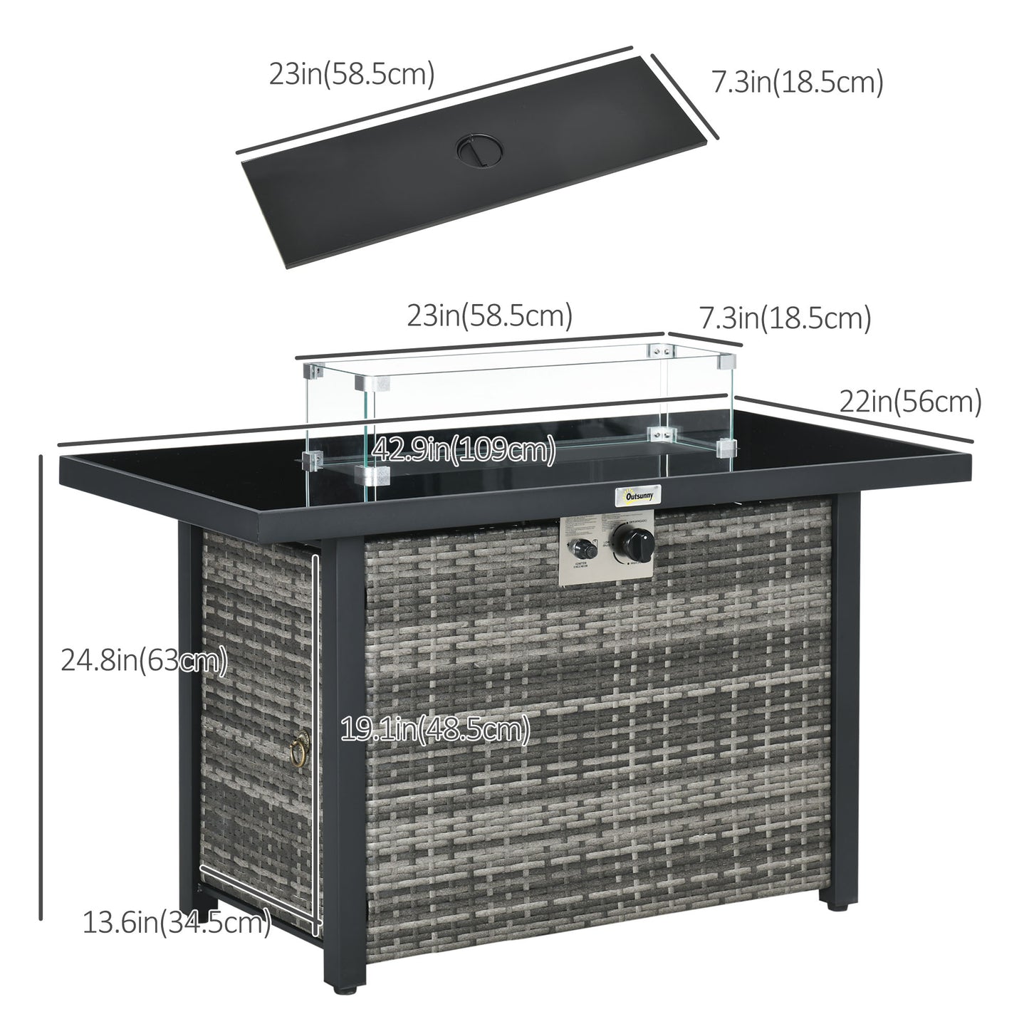 Outsunny Propane Fire Pit Table 43in Outdoor Fire Table, 50,000 BTU Pulse-Ignition Wicker Firepit Furniture with Glass Wind Guard, Blue Glass Rock, CSA Certification, Black