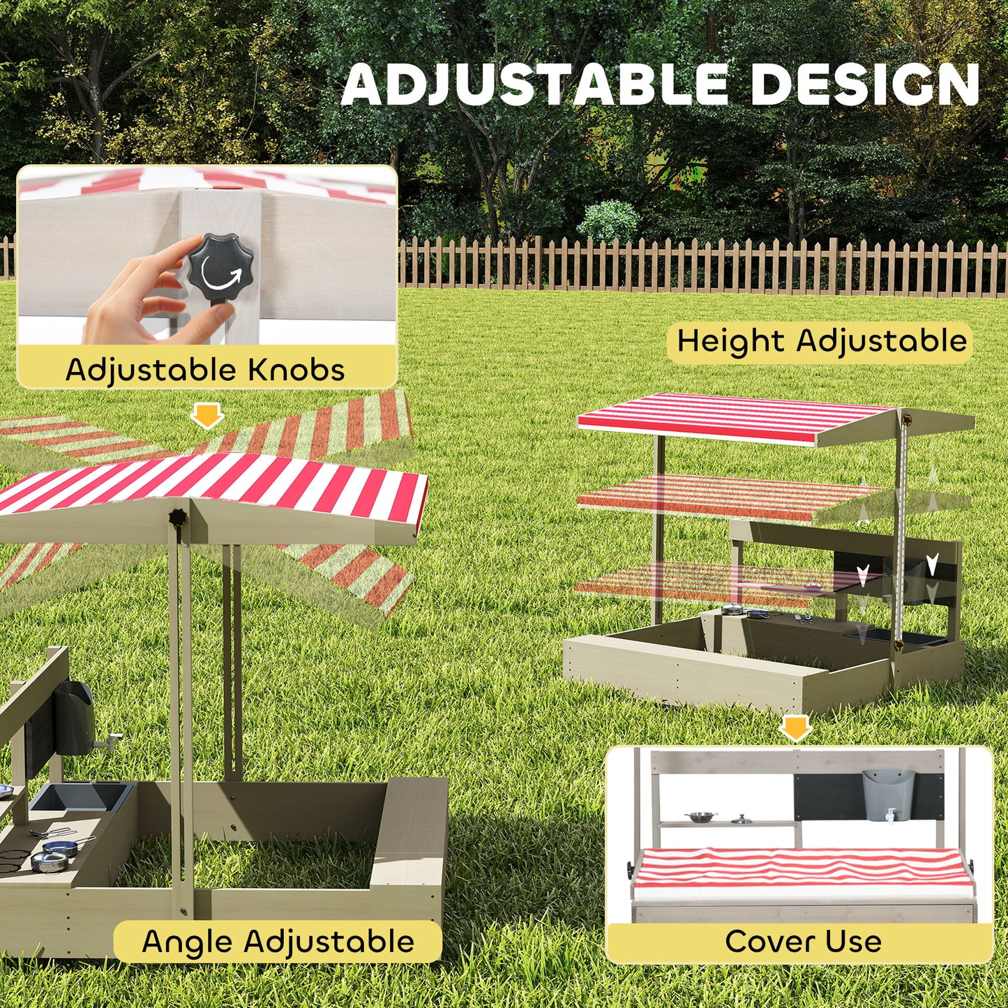 Outsunny Kids Sandbox with Cover Kitchen Playset Toys, Wooden Sand Box with Seat, Storage, for 3-7 Years Old, Grey