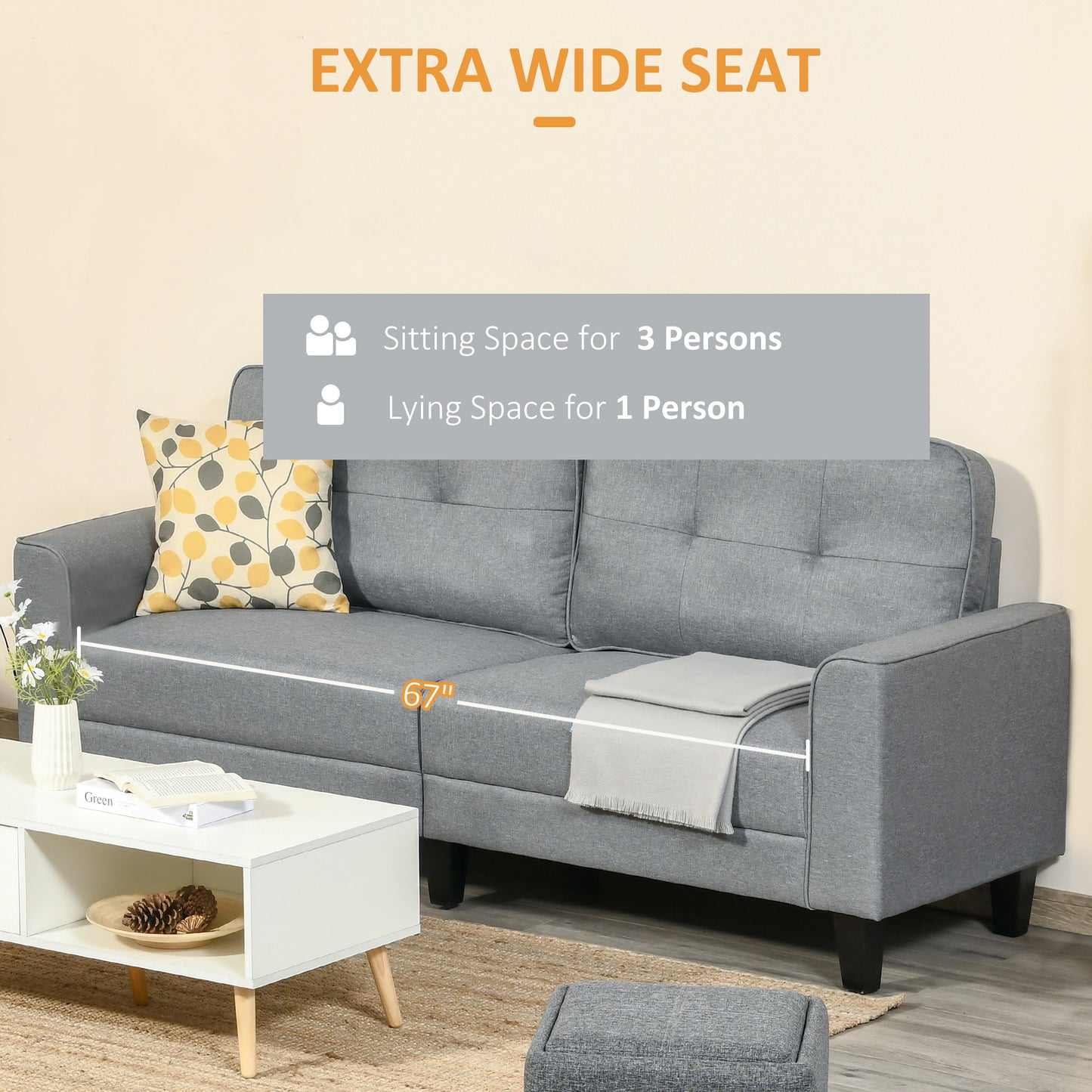HOMCOM 3-Seater Sofa, Mid-Century Linen Couch with Upholstered Seat, Button-Tufted Back Cushion and Rubber Wood Legs for Living Room, Bedroom, Gray