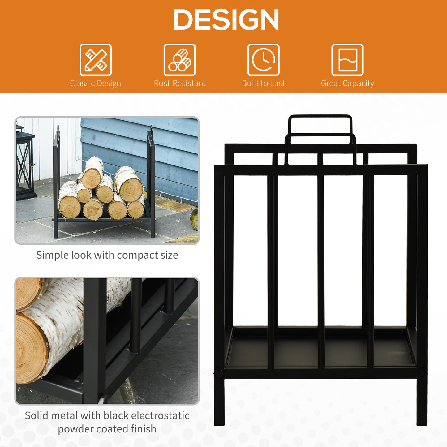 Outsunny 2-Tier Firewood Log Rack with 4 Tools 33" Fireplace Wood Holder Storage Log Rack with Shovel, Broom, Poker, Tongs and Hooks