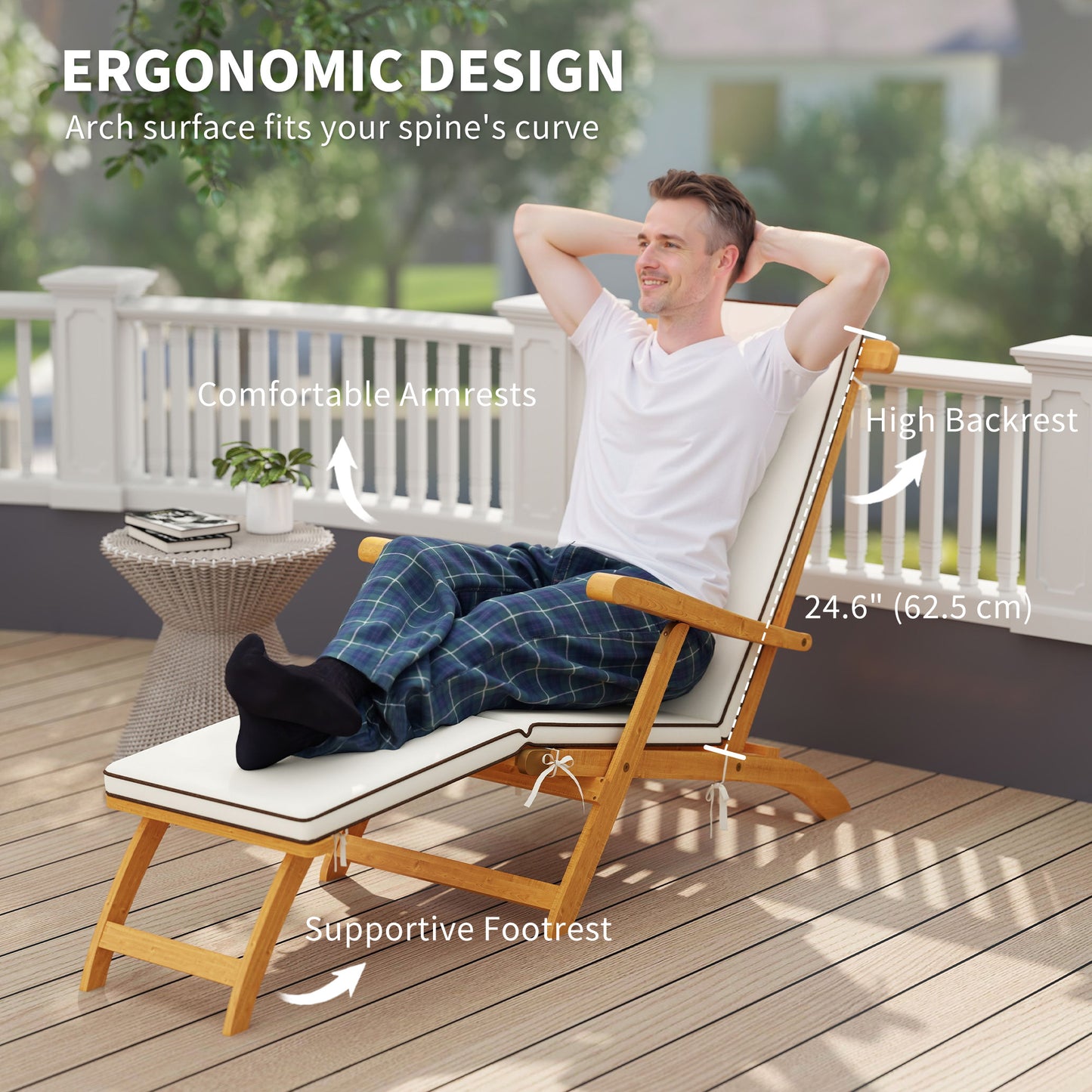 Outsunny Folding Patio Lounge Chair with Padded Cushion, Acacia Wood Patio Lounger Recliner with Footrest for Garden, White