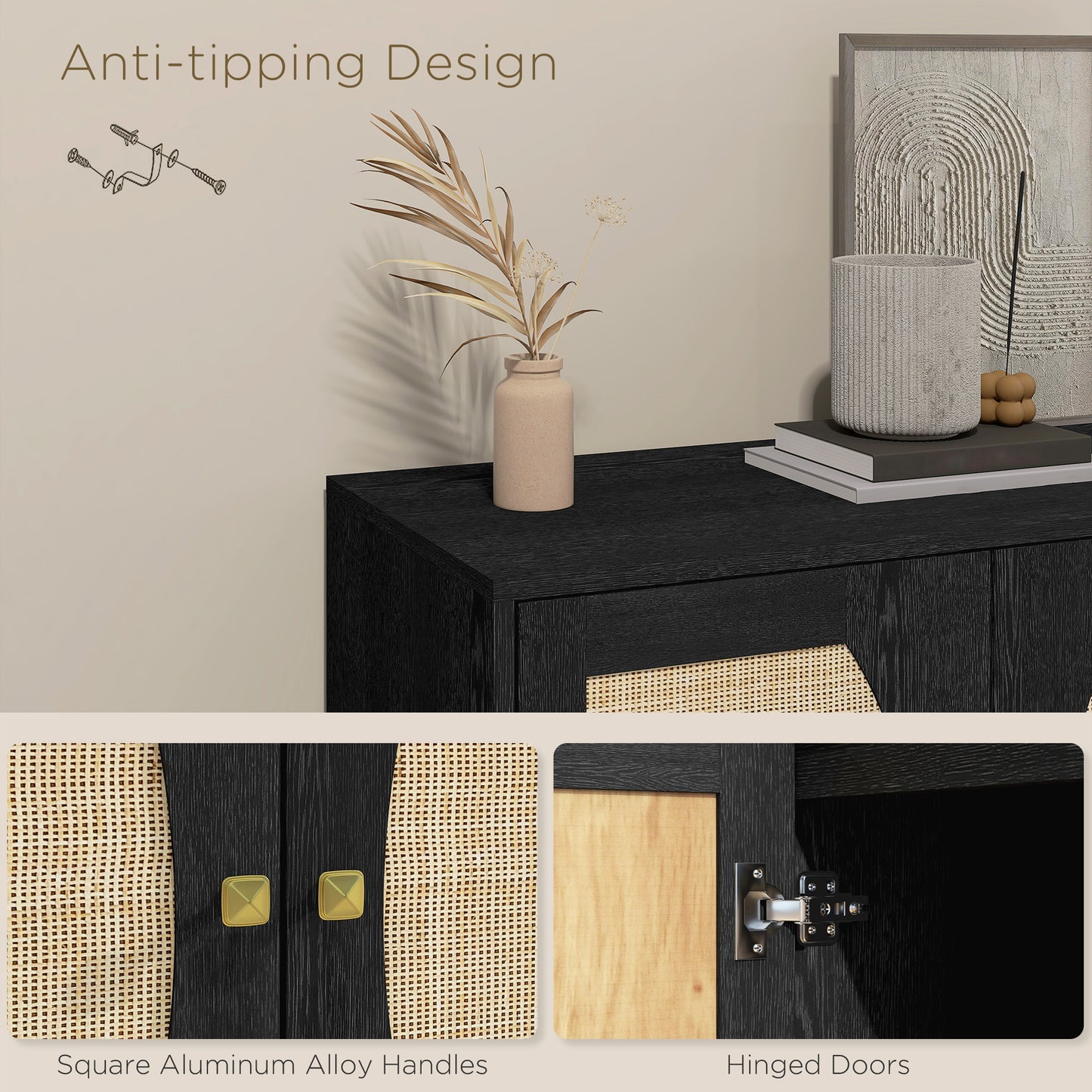 HOMCOM Boho Buffet Cabinet with Adjustable Shelf and Rattan Decorated Doors, TV Cabinet for TV up to 42 Inches, Black