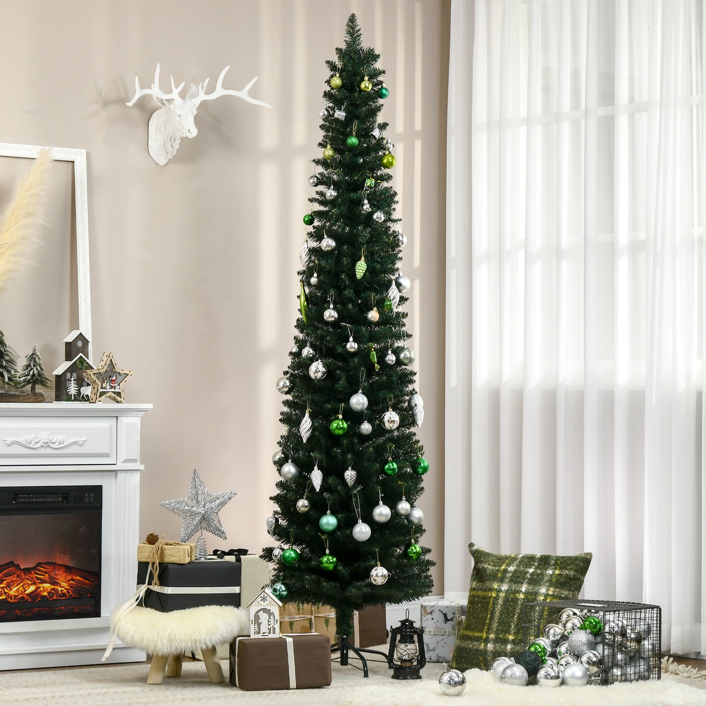 HOMCOM 6FT Artificial Christmas Tree Xmas Pencil Tree Holiday Home Indoor Decoration with Foldable Black Stand for Party, Green