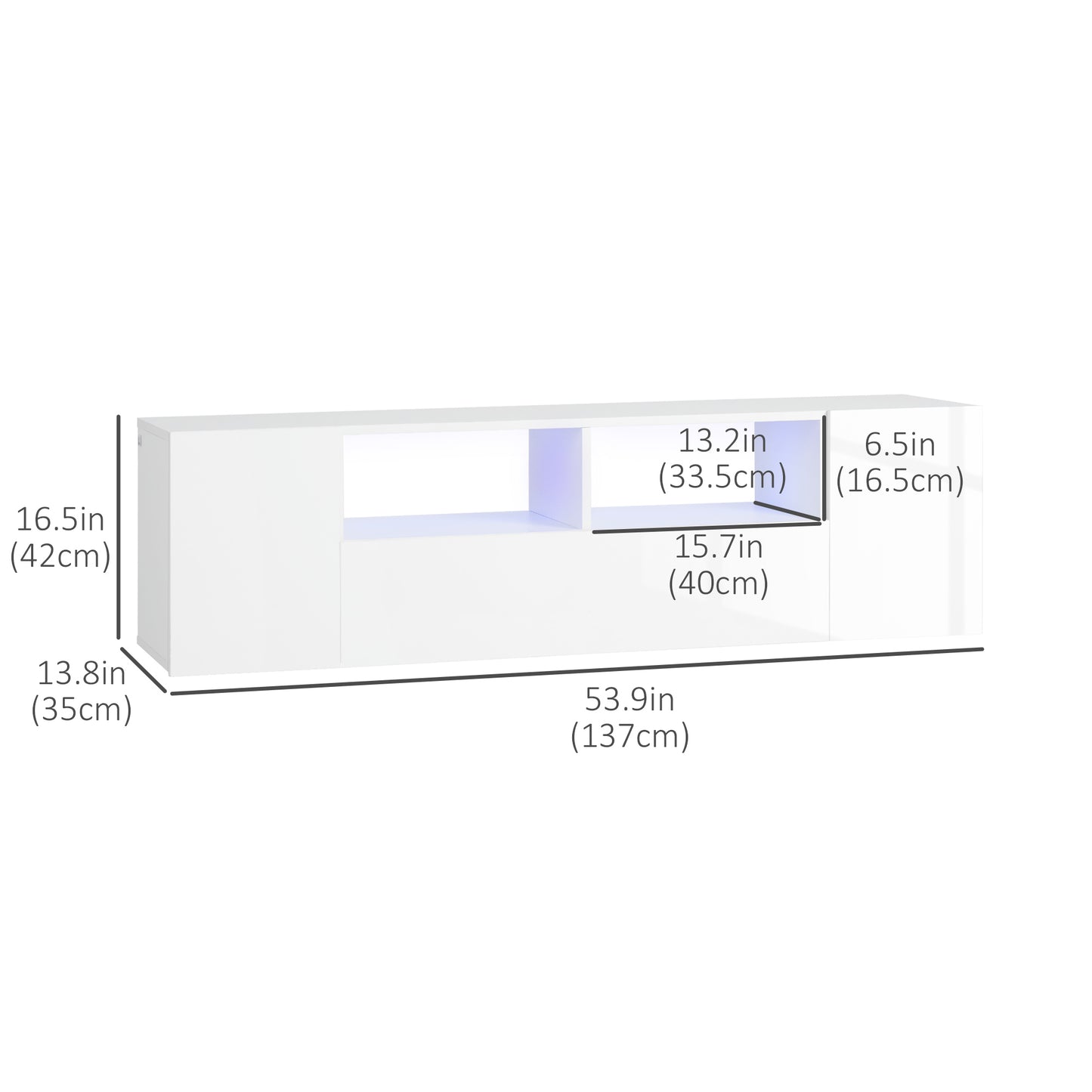 HOMCOM TV Stand for TVs up to 60", TV Unit with LED Lights, Storage Shelves and Cupboards, 53.9" x 13.8" x 16.5", White