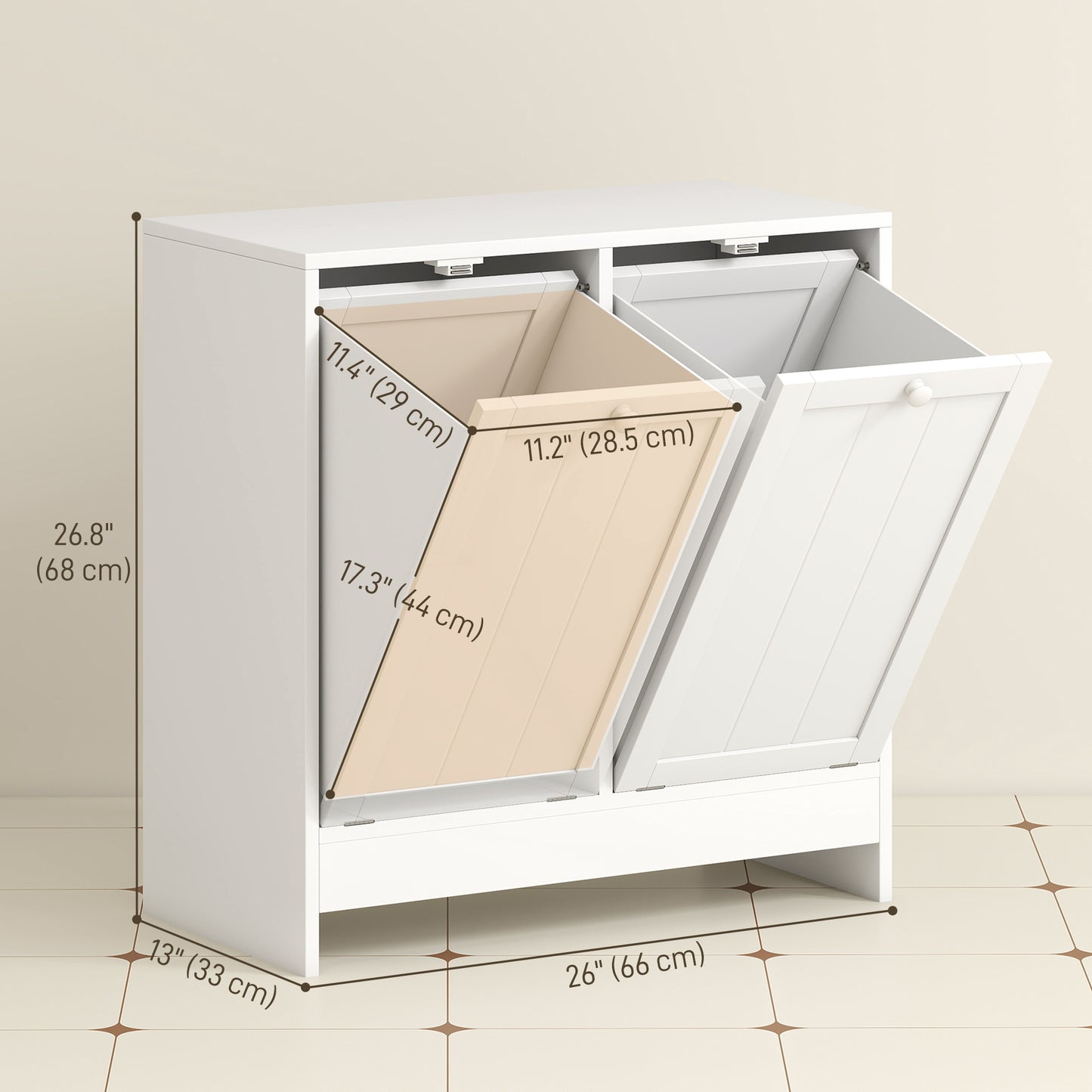 kleankin Tilt-Out Laundry Storage Cabinet, Modern Laundry Hamper with 2 Compartments for Bathroom Washroom, White