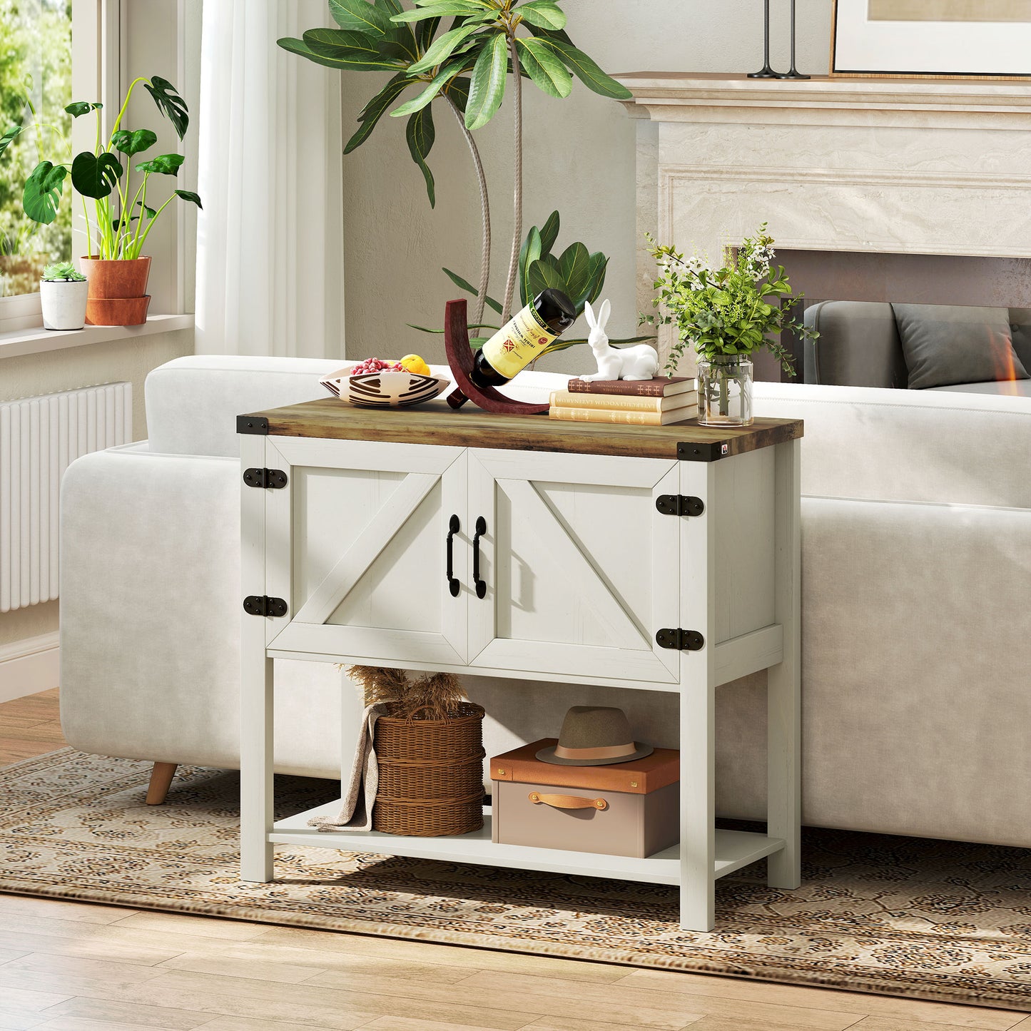 HOMCOM Farmhouse Kitchen Storage Cabinet, Free Standing Sideboard Console Table with Barn Doors, Bottom Shelf, White