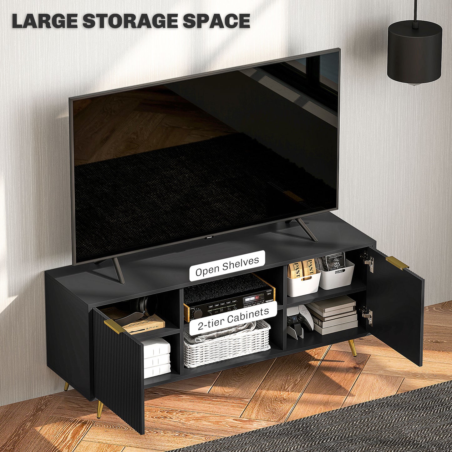 HOMCOM TV Stand with Storage for 55 Inch TV, Modern TV Cabinet with 2 Open Shelves and 2 Cabinets for Living Room, White