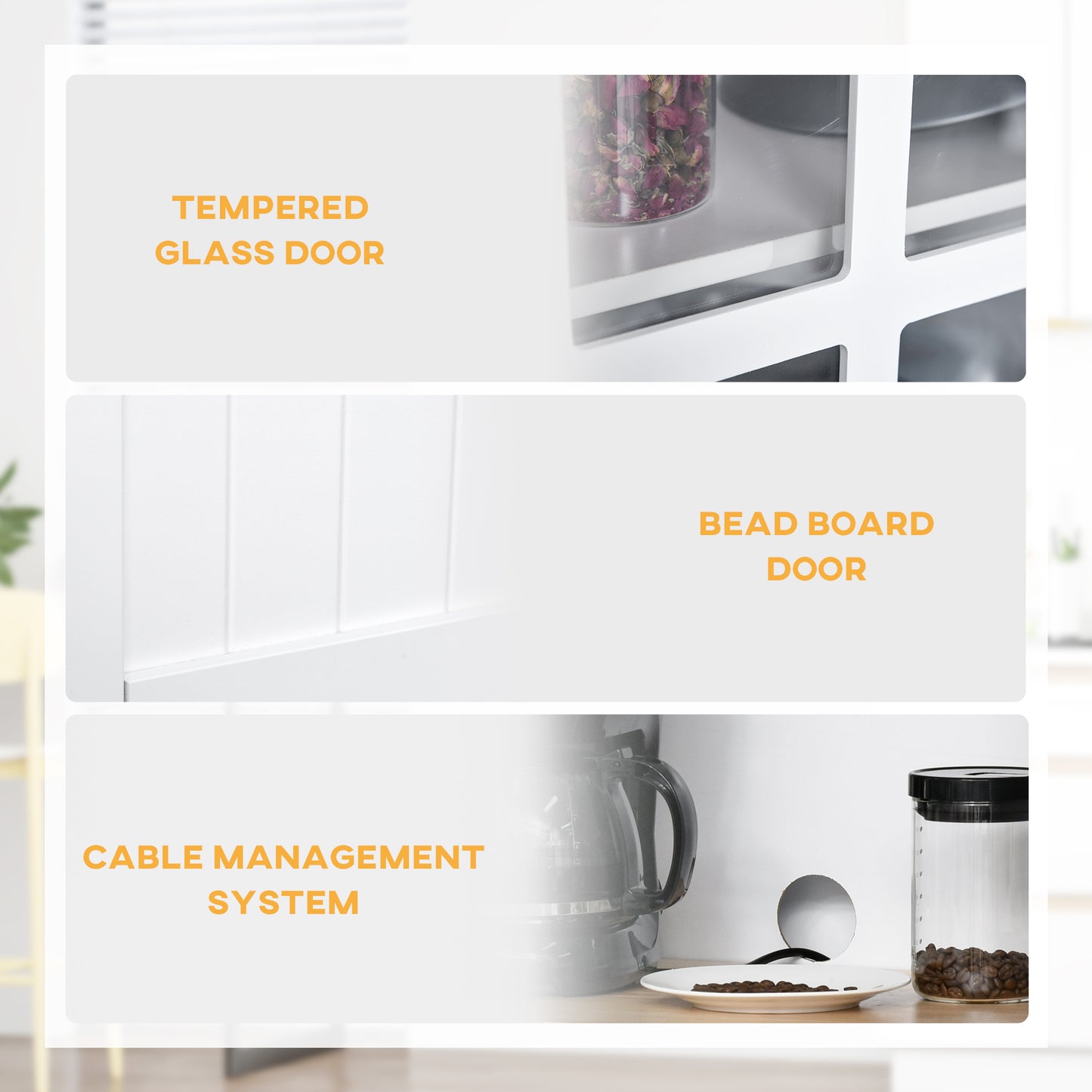 HOMCOM Coastal Style Kitchen Buffet and Hutch Wooden Storage Cabinet with Framed Glass Door Drawers Microwave Space for Dining Room Living Room White