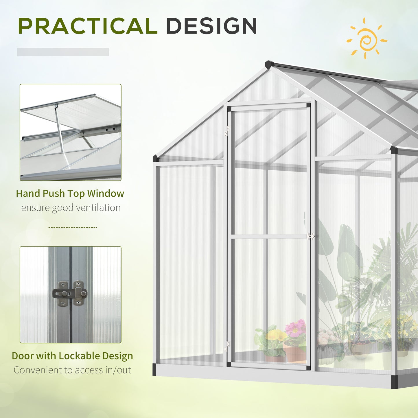 Outsunny 6' x 10' x 6.4' Walk-in Garden Greenhouse Polycarbonate Panels Plants Flower Growth Shed Cold Frame Outdoor Portable Warm House Aluminum Frame, Silver