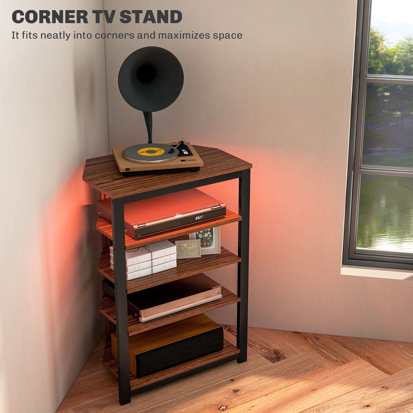 HOMCOM TV Stand for TVs up to 29", Entertainment Center with 4-Tier Storage Shelves and LED Lights for Living Room