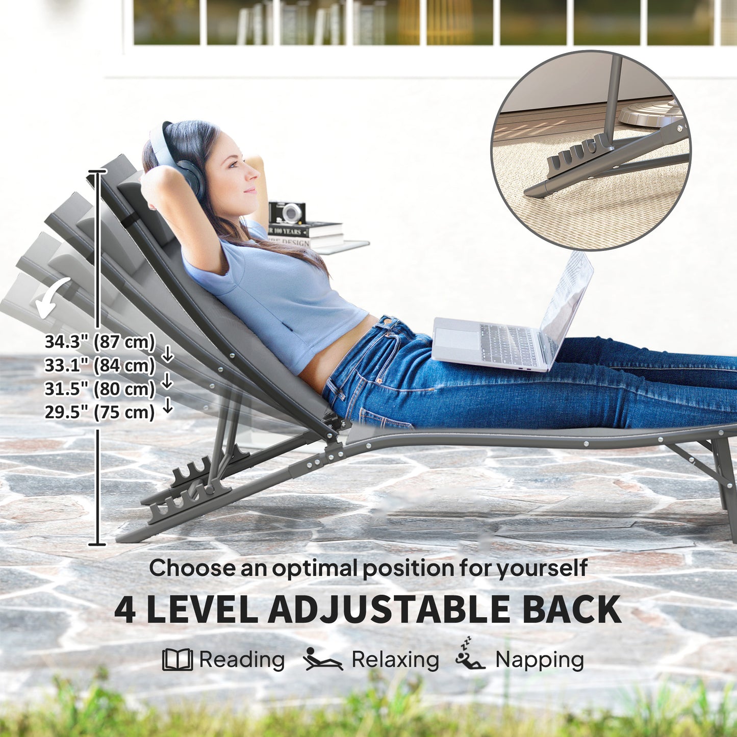 Outsunny Folding Chaise Lounge Chair Set of 2, Reclining Outdoor Lounge Chair Set with Quick Drying Pad Headrest Side Pocket, Tanning Chair Set for Beach Garden Pool, Light Grey