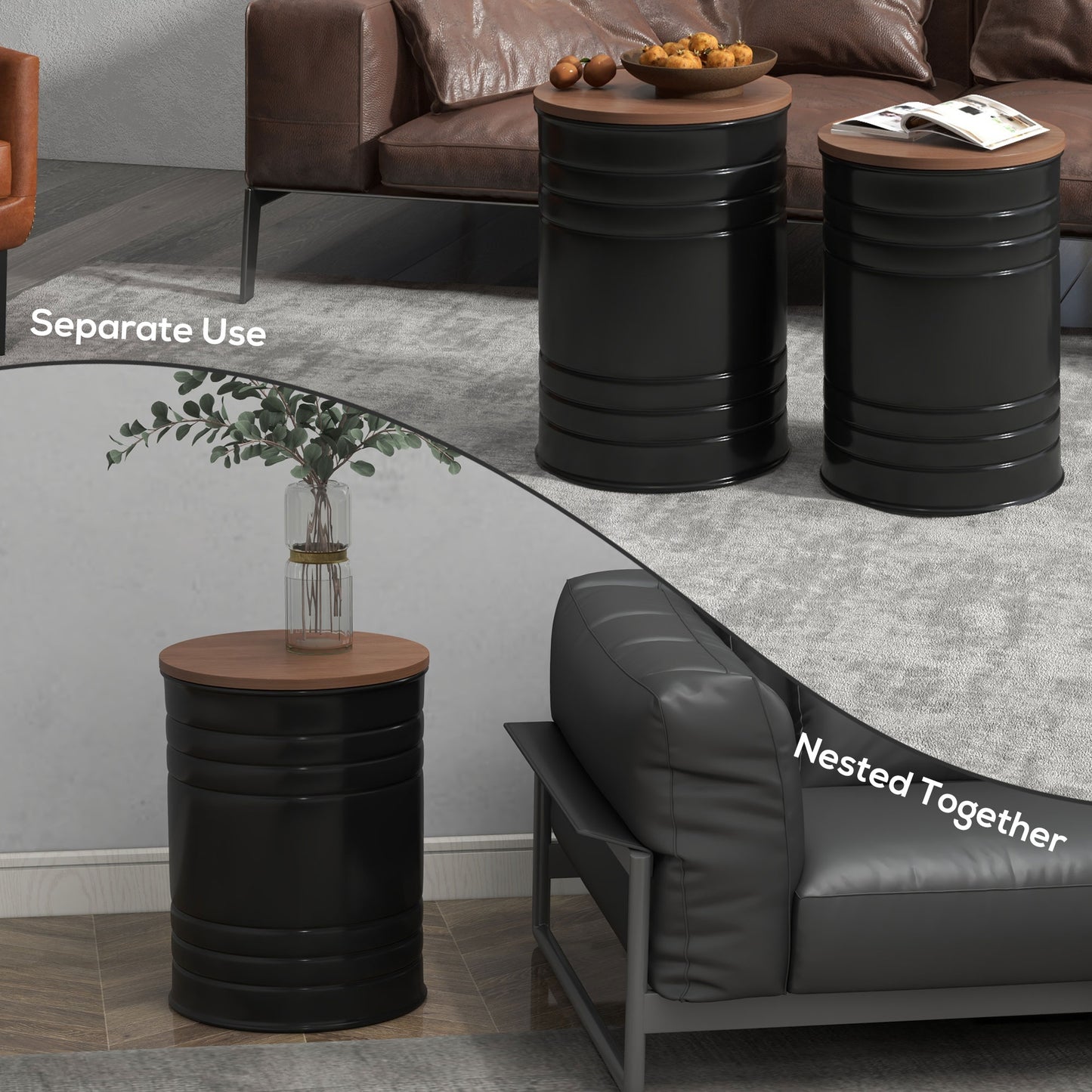 HOMCOM Round Side Table Set of 2, Nesting Coffee Tables w/ Wooden Lid, Metal Frame and Hidden Storage Space for Bedroom, Black