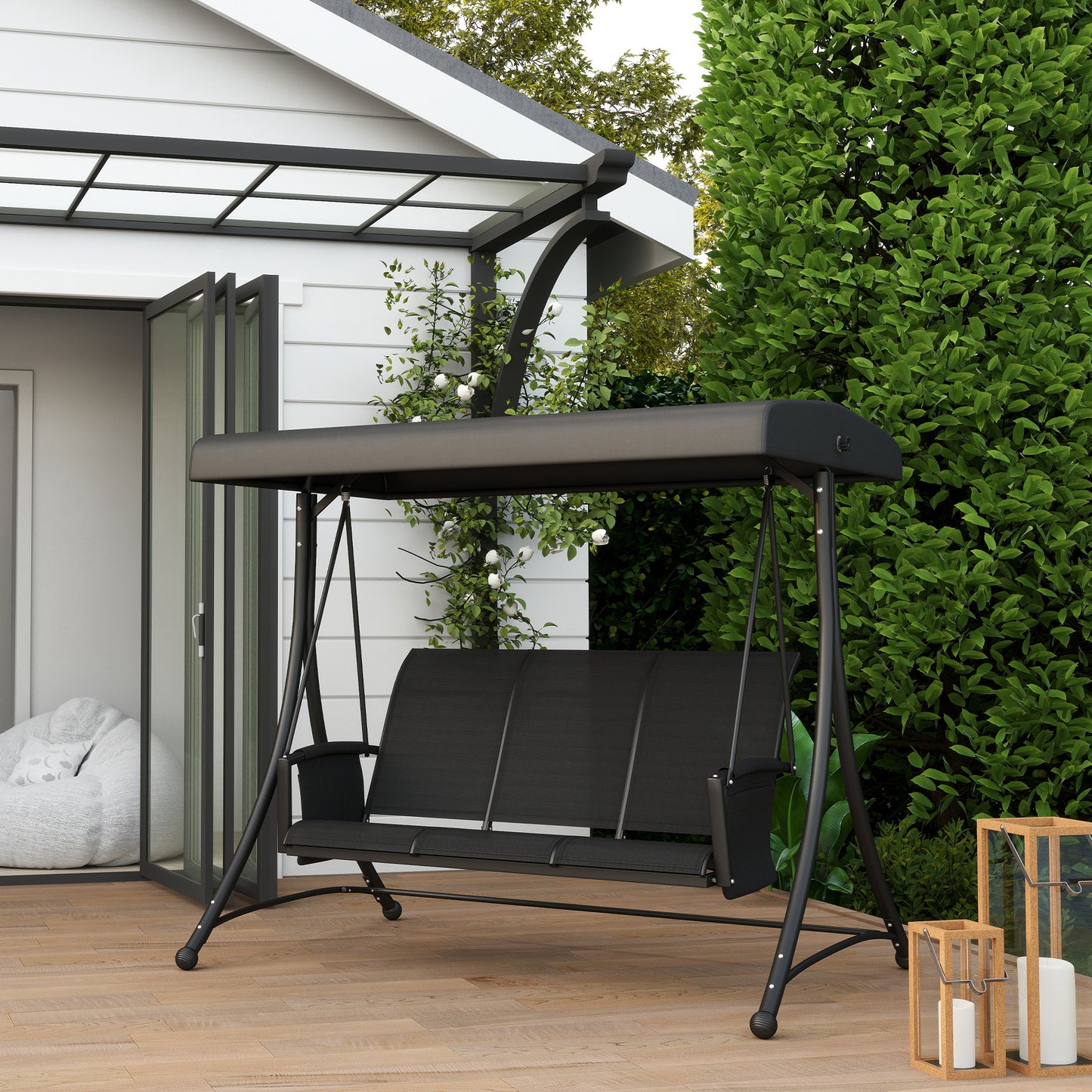Outsunny 3 Person Porch Swing Outdoor Swing Chair with High Back Design, Side Pouches and Adjustable Canopy, Dark Grey
