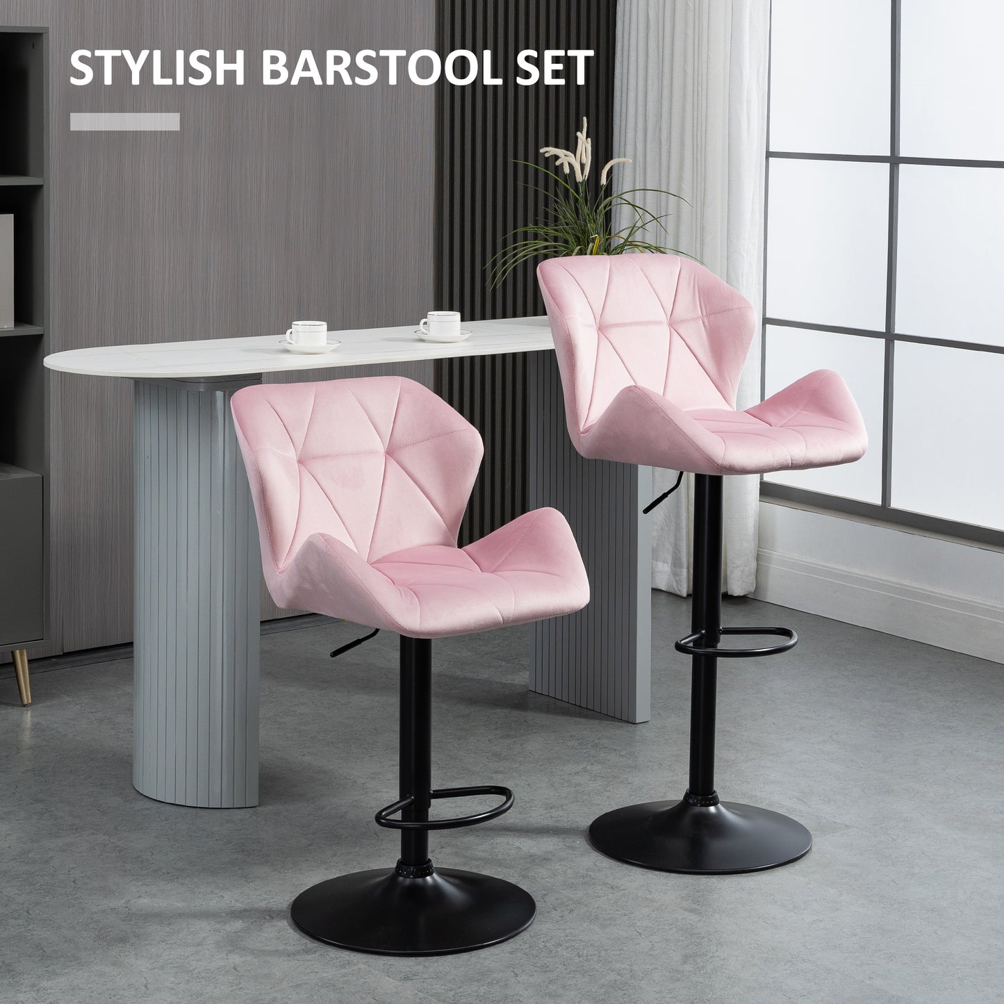 HOMCOM Velvet-Touch Bar Stool Set of 2 Fabric Adjustable Height Armless Counter Chairs with Swivel Seat, Pink
