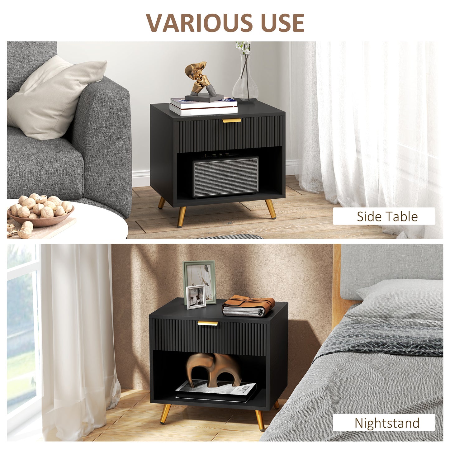 HOMCOM Nightstand with Fluted Panel, Bedside Table with Drawer and Open Compartment, Modern Night Table for Bedroom, Black