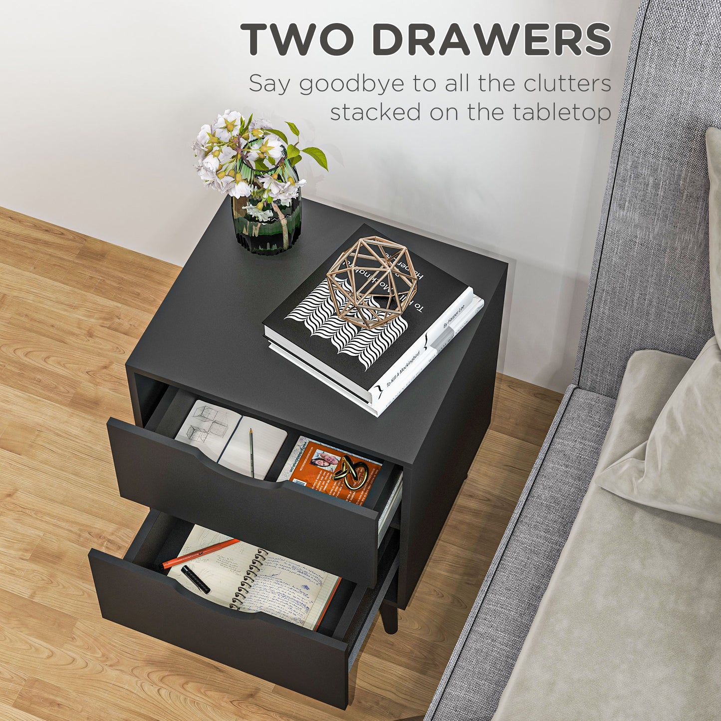 HOMCOM Modern Bedside Table, Nightstand with 2 Drawers and Pine Wood Legs for Bedroom, Living Room, Black