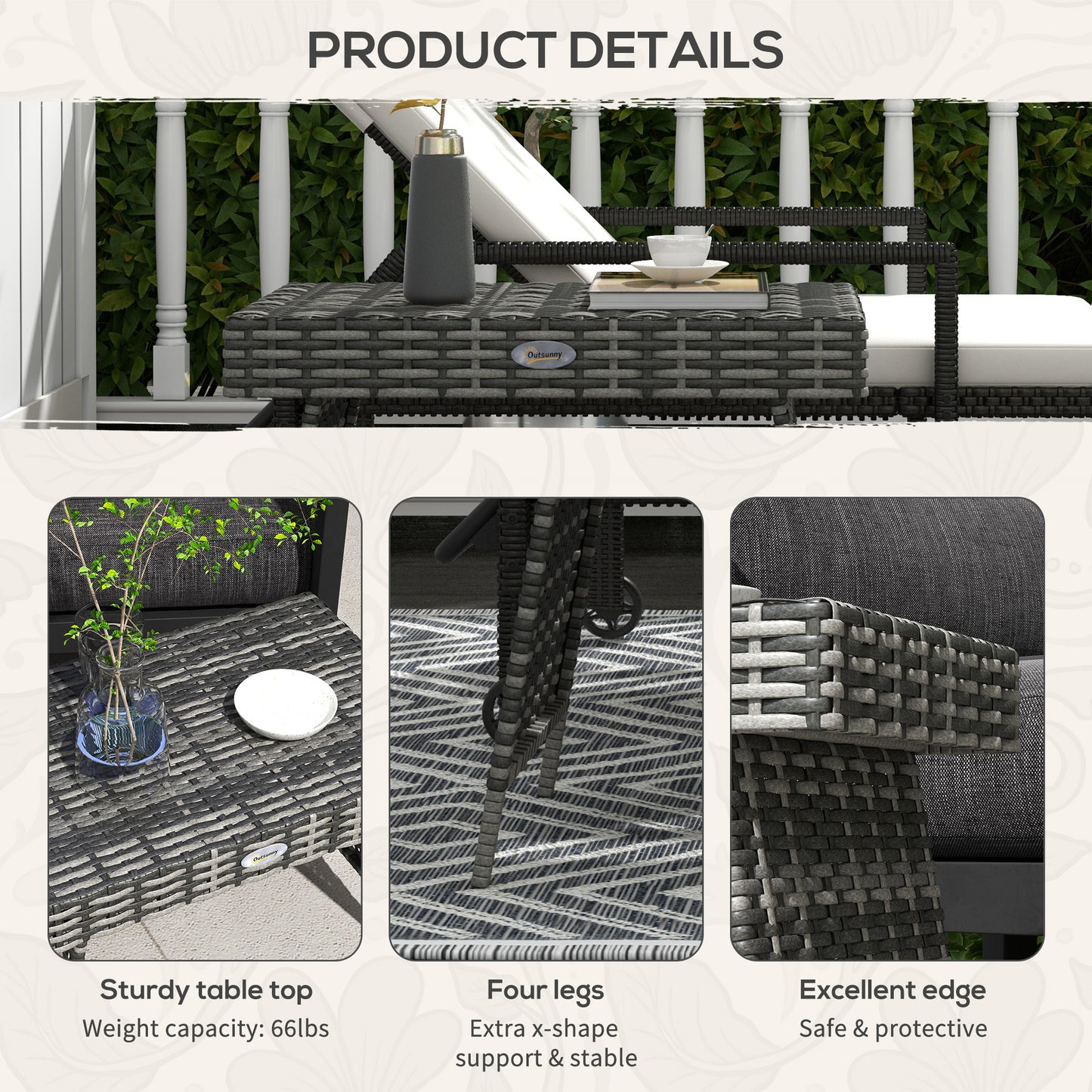 Outsunny Outdoor Rattan Foldable End Table, Metal Frame Patio Wicker Table, Coffee Table Side Table for Poolside, Lawn, Garden, Mixed Grey